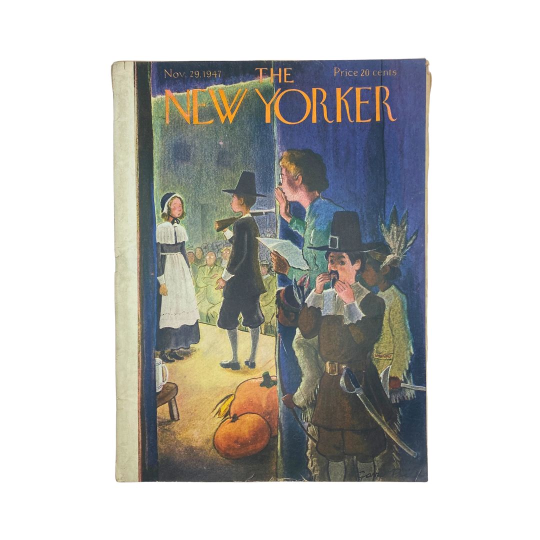 Cover of The New Yorker Complete Magazine from November 29, 1947 featuring Garrett Price's artwork depicting a historical scene with Pilgrims, pumpkins, and a crowd, showcasing mid-20th-century American illustration.