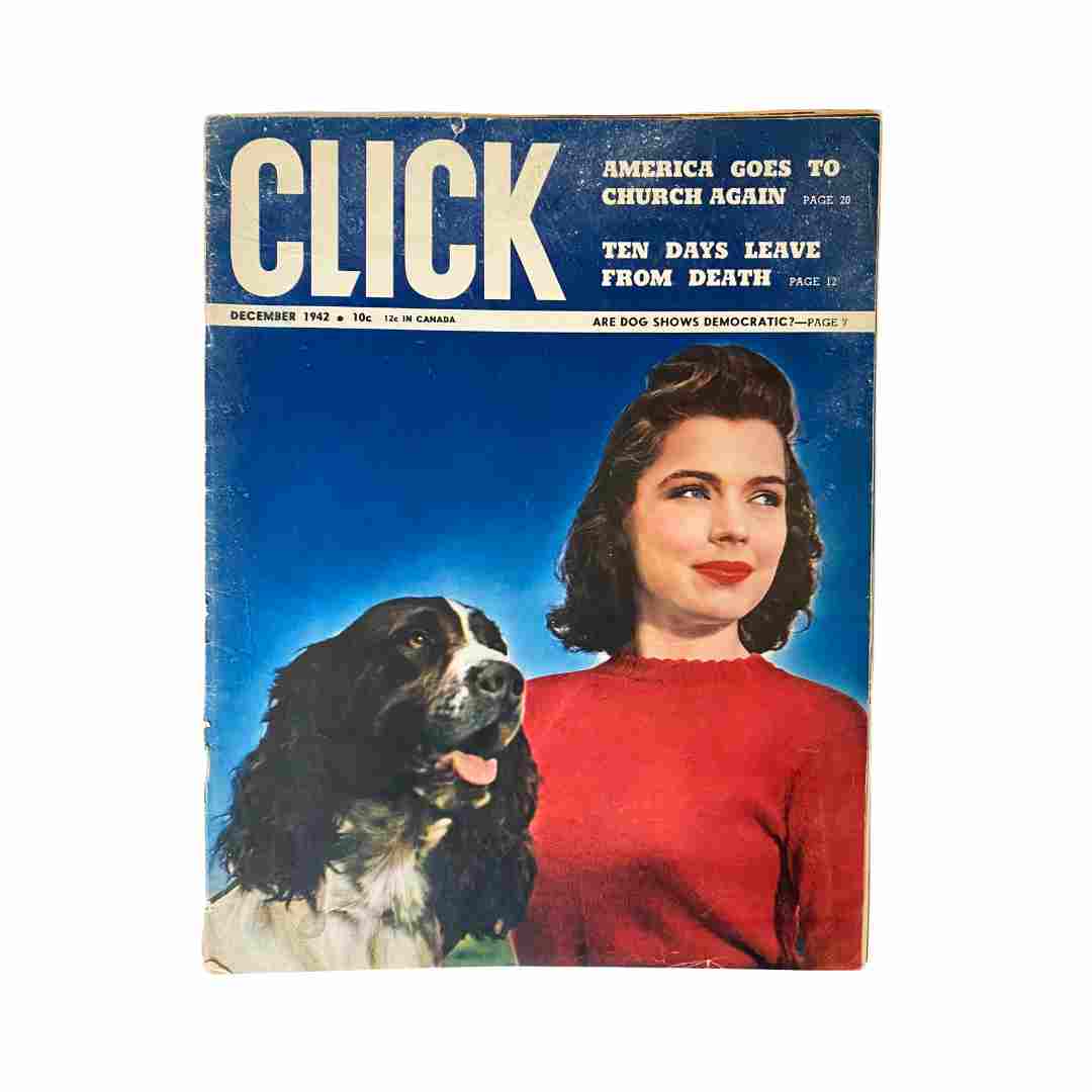 Cover of VTG Click Magazine December 1942 featuring a woman with a dog and the title 'Are Dog Shows Democratic?' showcasing historical context from World War II.