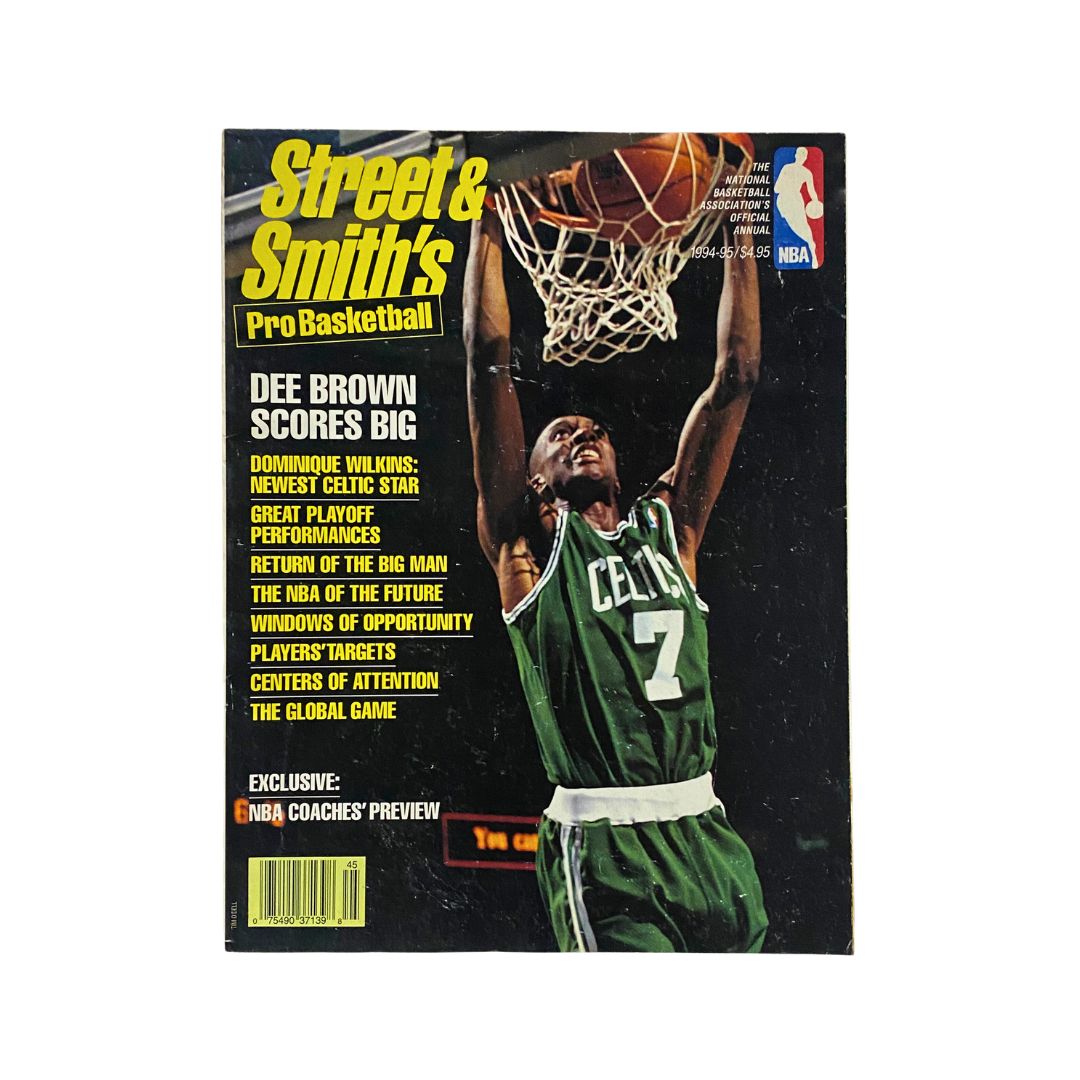 Cover of Street & Smith's Pro Basketball Magazine 1994-1995 featuring Dee Brown, showcasing him scoring a dunk while wearing jersey number 7 for the Boston Celtics.