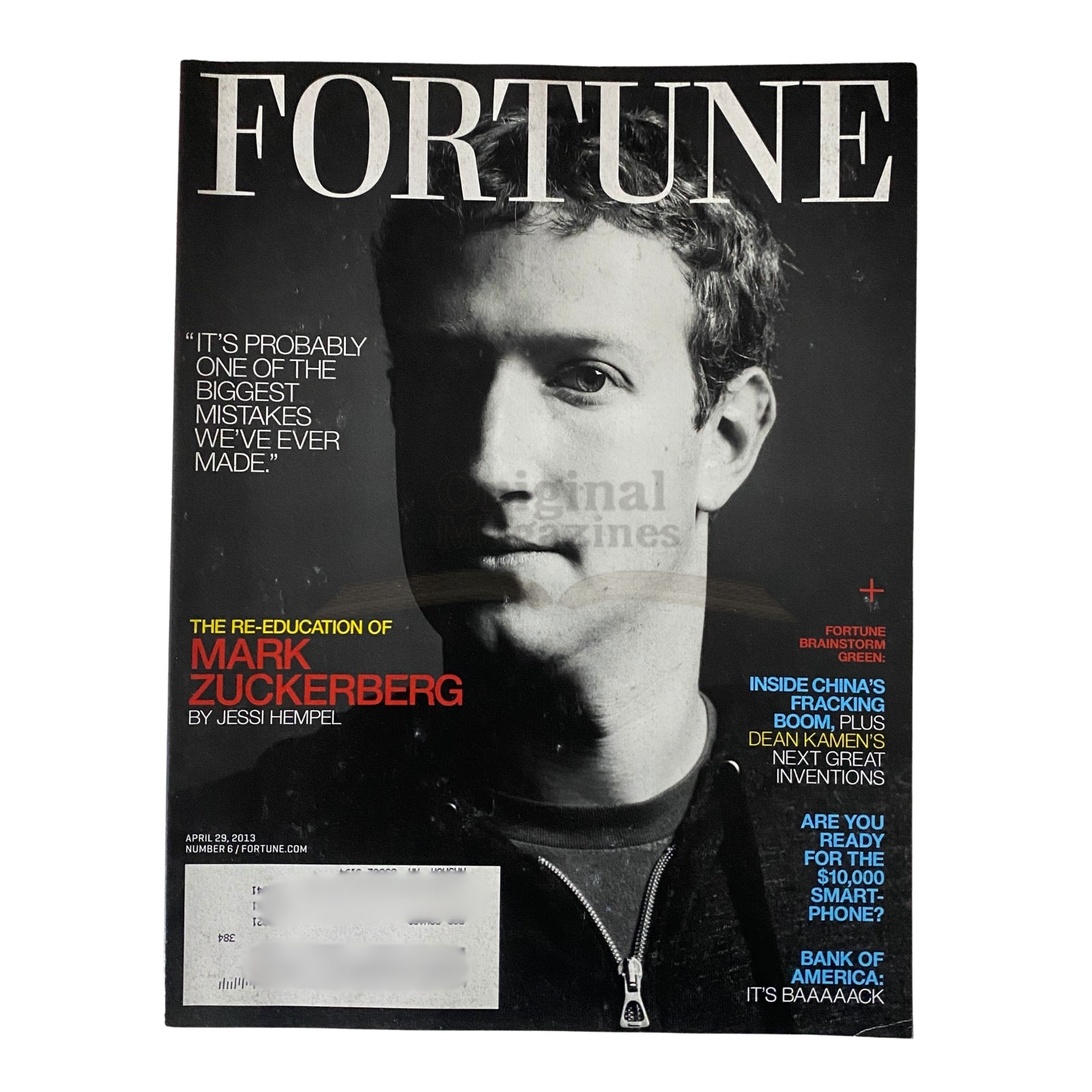 Cover of Fortune Magazine April 29, 2013 featuring 'The Re-Education of Mark Zuckerberg', showcasing a black and white portrait of Zuckerberg and related headlines on technology and corporate insights.