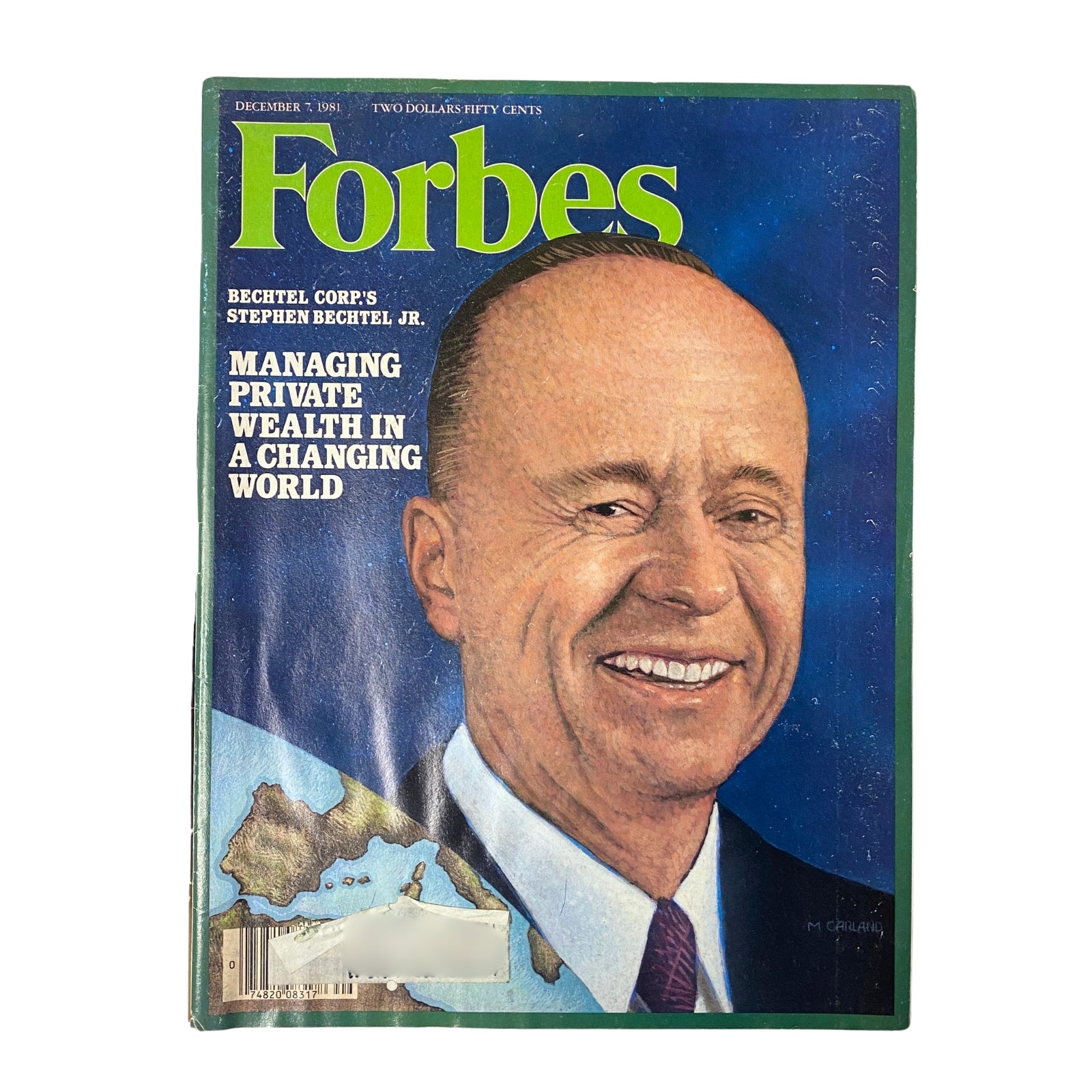 Forbes Magazine December 7, 1981 featuring Bechtel Corp's Stephen Bechtel Jr. on the cover with the headline 'Managing Private Wealth in a Changing World'. Vintage magazine showcasing insights into corporate strategies during the early 1980s.