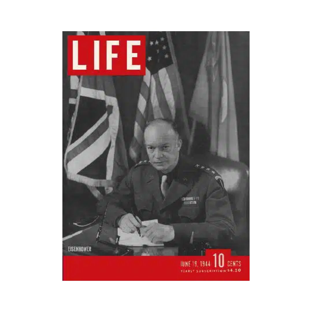 Cover of VTG Life Magazine from June 19, 1944 featuring Dwight 'Ike' Eisenhower during D-Day, with a striking red Life logo and military flags in the background.