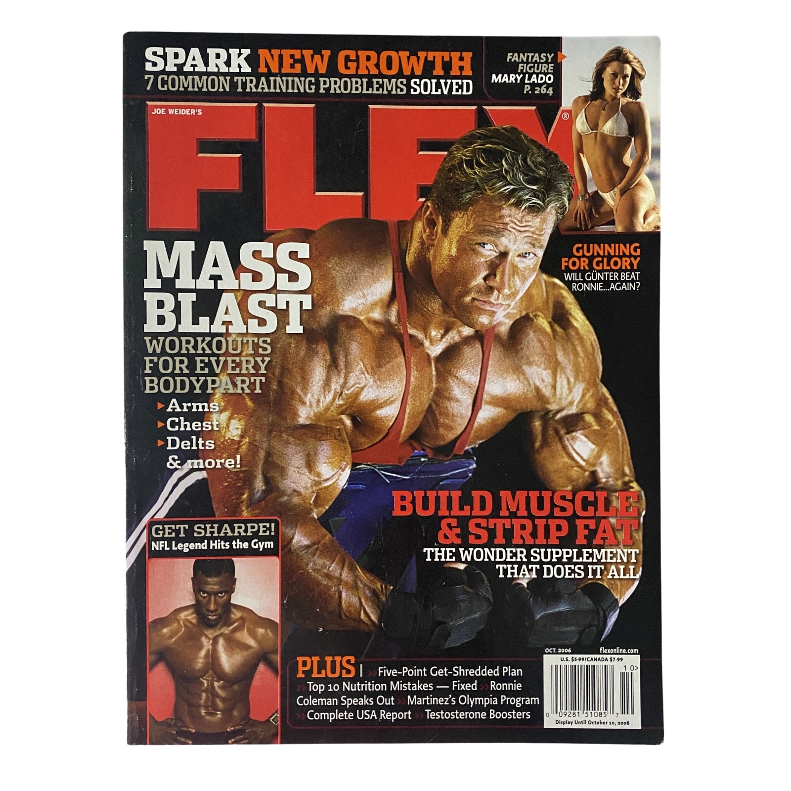 Flex Magazine October 2006 cover featuring Gunter Schlierkamp showcasing bodybuilding techniques and Mary Elizabeth Lado. This vintage issue includes workouts for every body part, insights into Olympia, and personal journeys of prominent bodybuilders.