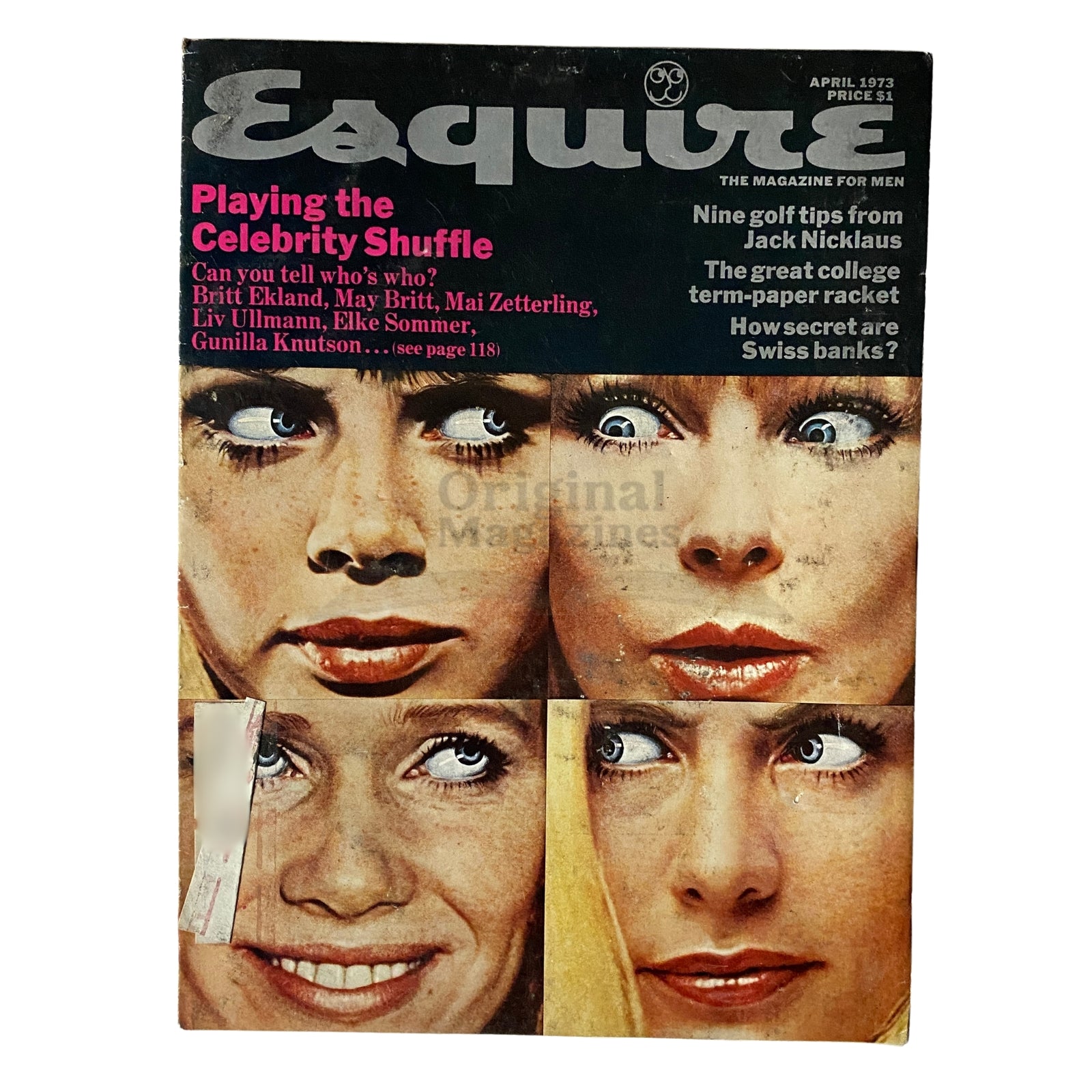 Esquire Magazine April 1973 cover featuring the article 'Playing the Celebrity Shuffle', showcasing celebrity portraits and vintage 70s aesthetics.