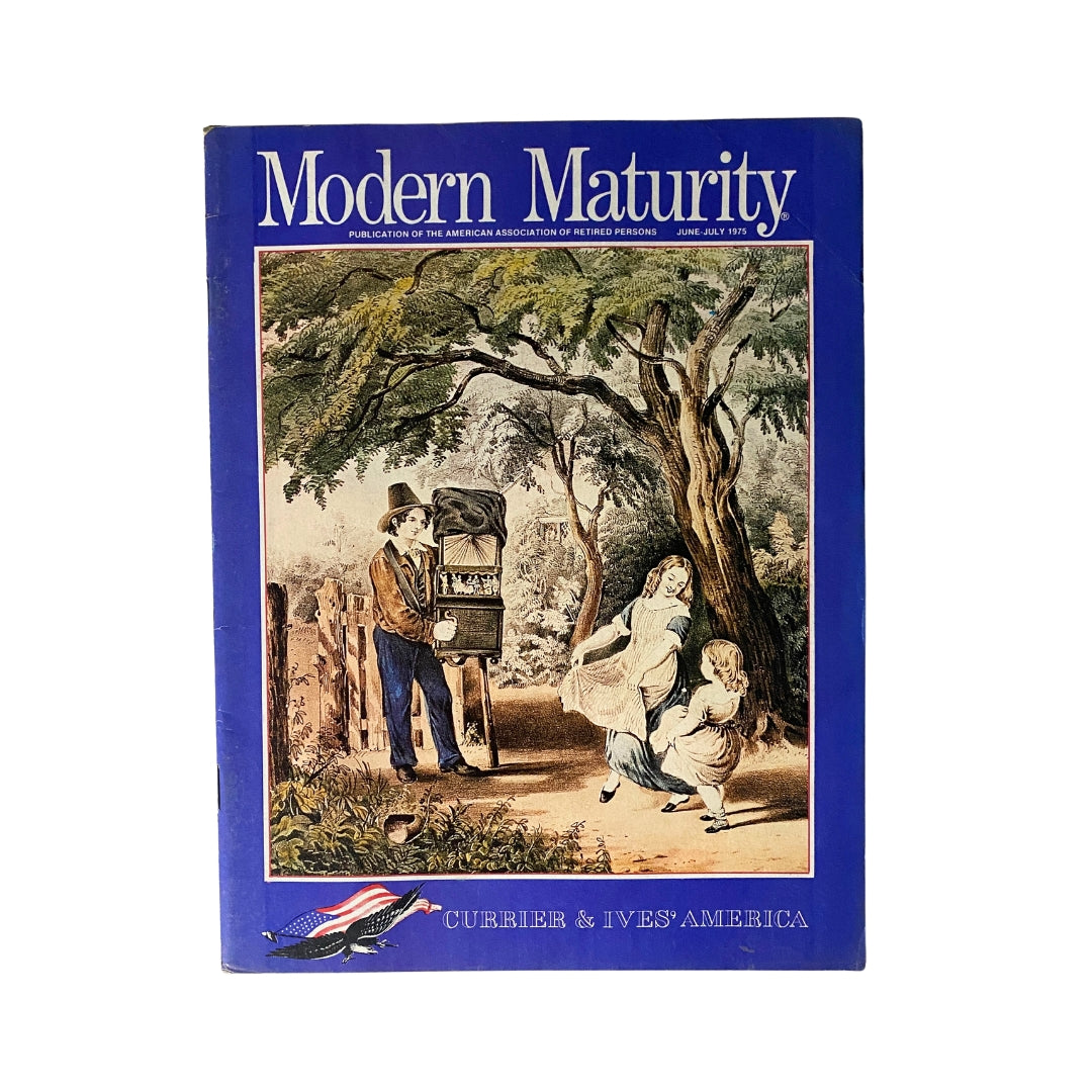 Cover of the VTG Modern Maturity Magazine from June-July 1975 featuring 'Currier & Ives' America' with colorful illustrations and the magazine's title prominently displayed.