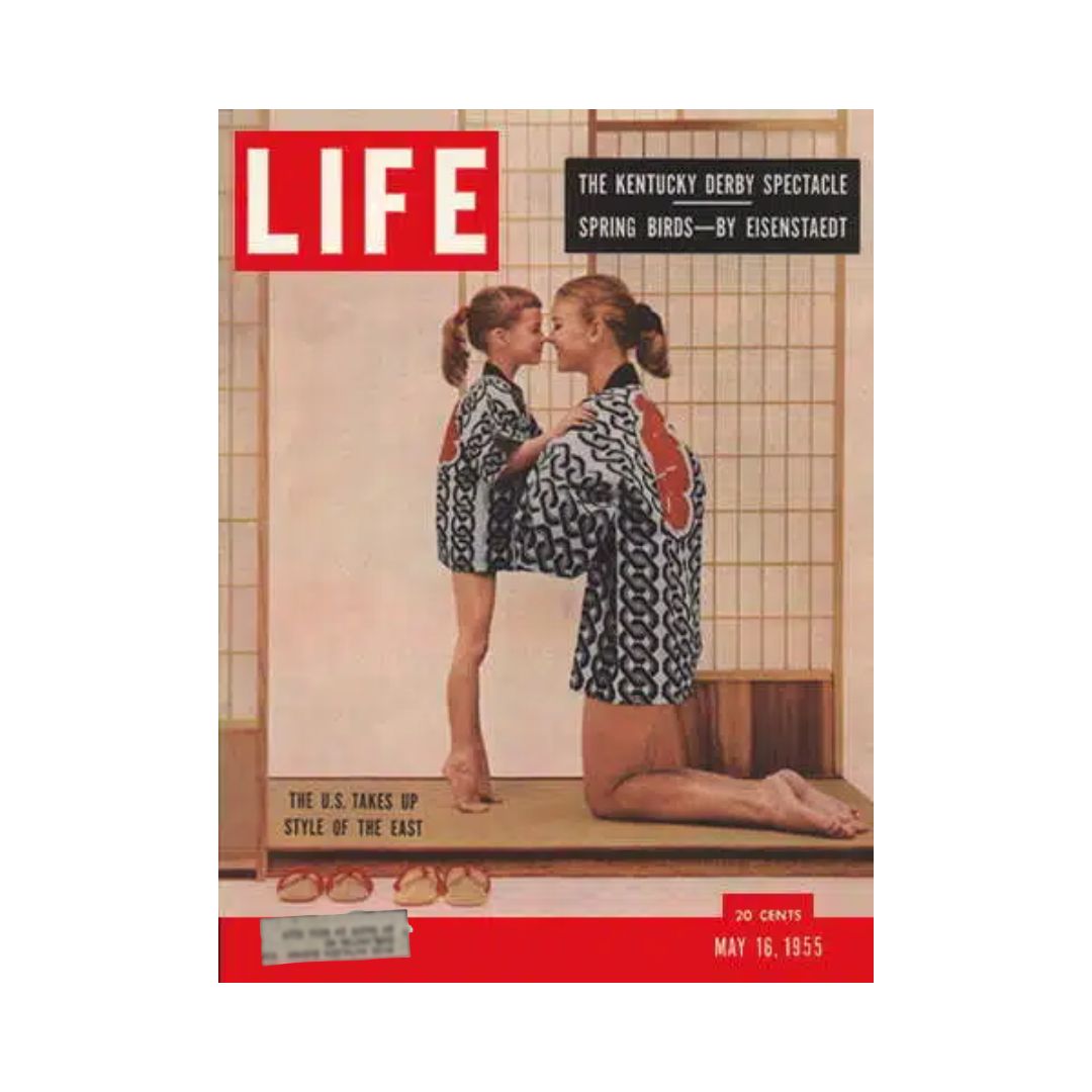 Cover of Life Magazine from May 16, 1955, featuring the theme 'Orient Fashion in U.S.' with a woman and girl in matching East Asian-inspired outfits against a minimalistic background.