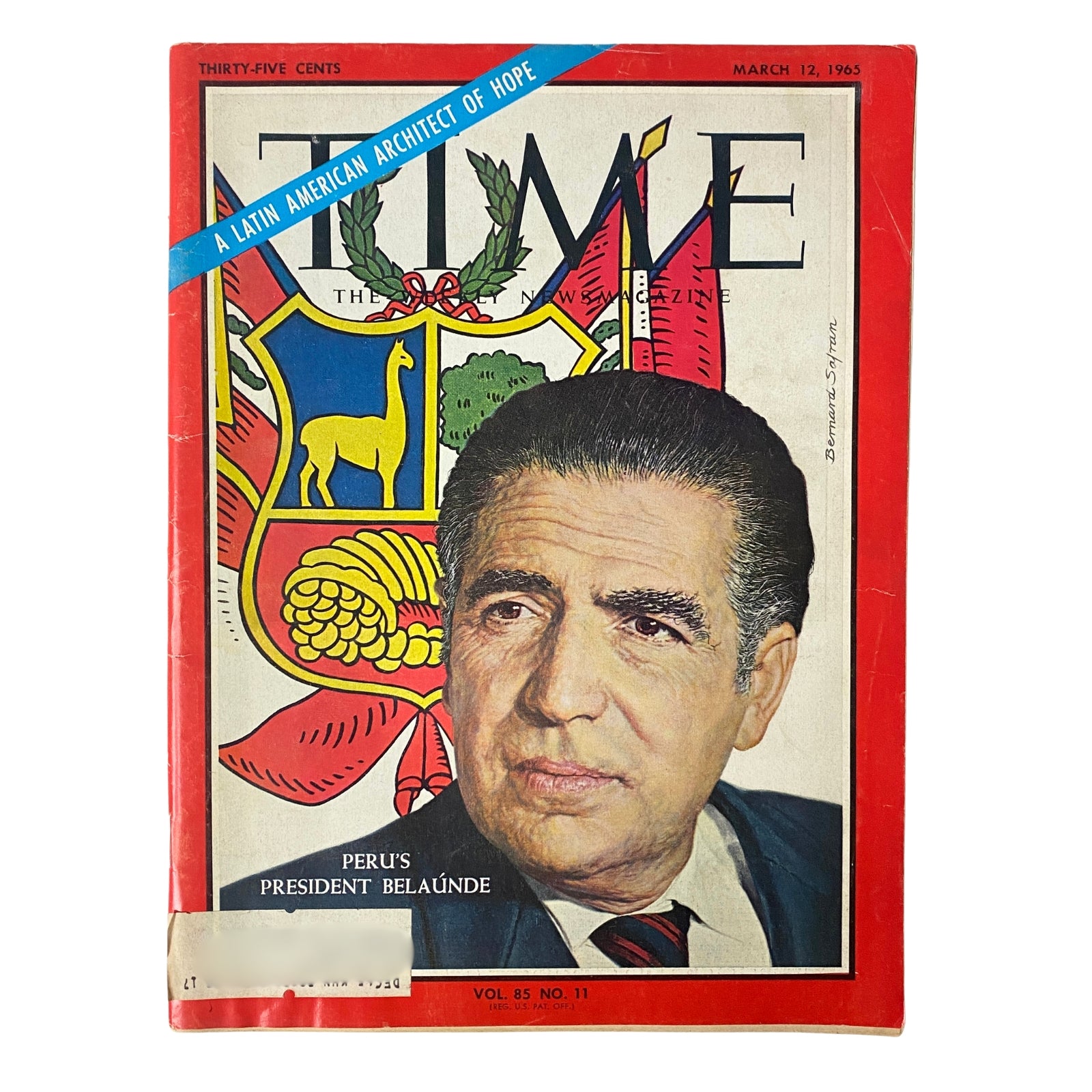 Cover of Time Magazine from March 12, 1965, featuring Peru's President Fernando Belaúnde, Volume 85, Number 11, showcasing a portrait of Belaúnde and colorful motifs reflective of Latin America.