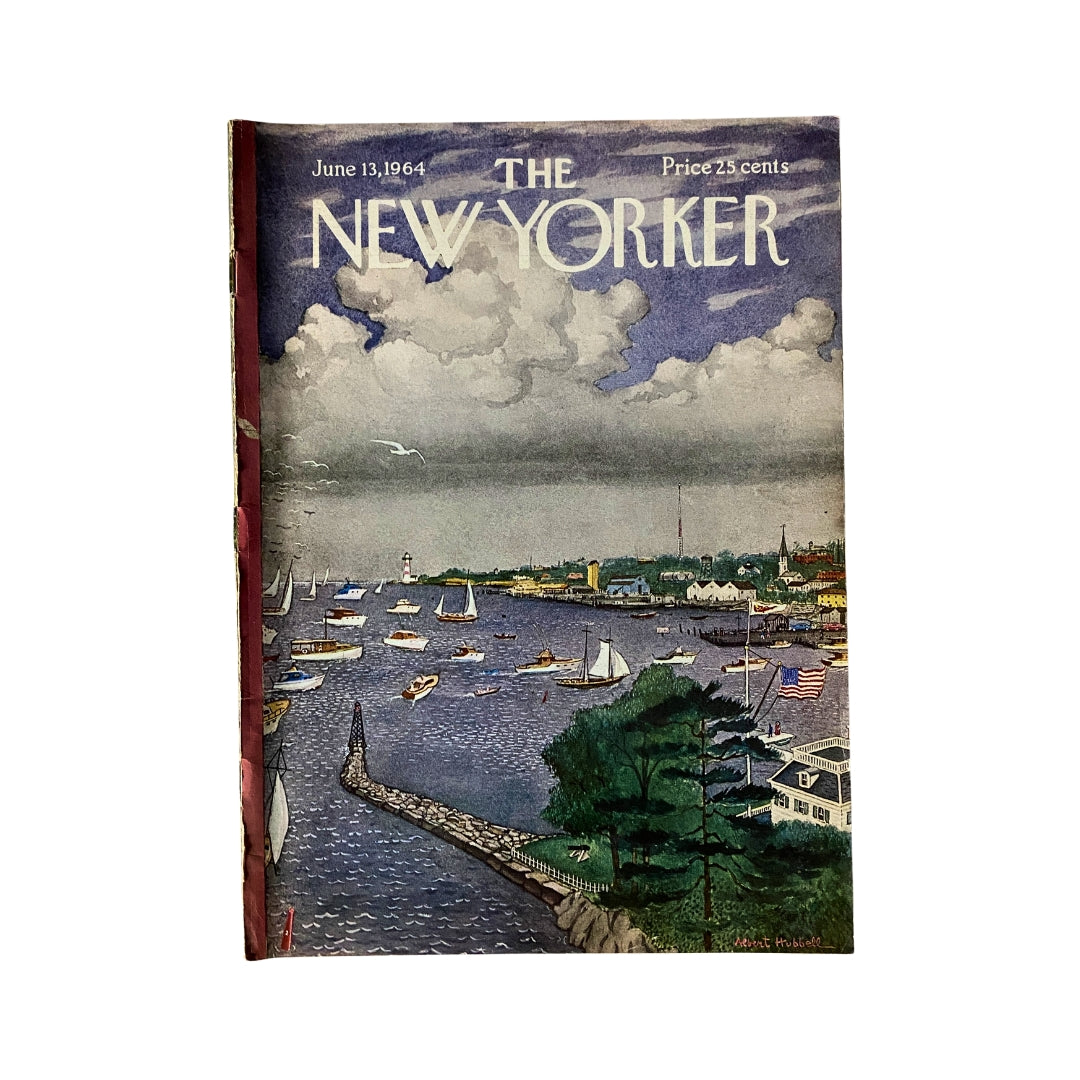 Cover of The New Yorker magazine dated June 13, 1964 featuring artwork by Albert Hubbell, showcasing a coastal scene with boats in a harbor.
