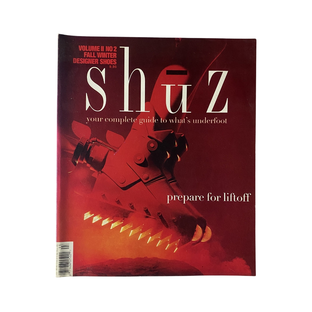 Cover of Shuz Magazine Fall / Winter 1999, Vol 2 No. 2 titled 'Prepare for Liftoff', featuring a striking red design and the tagline 'your complete guide to what's underfoot'.