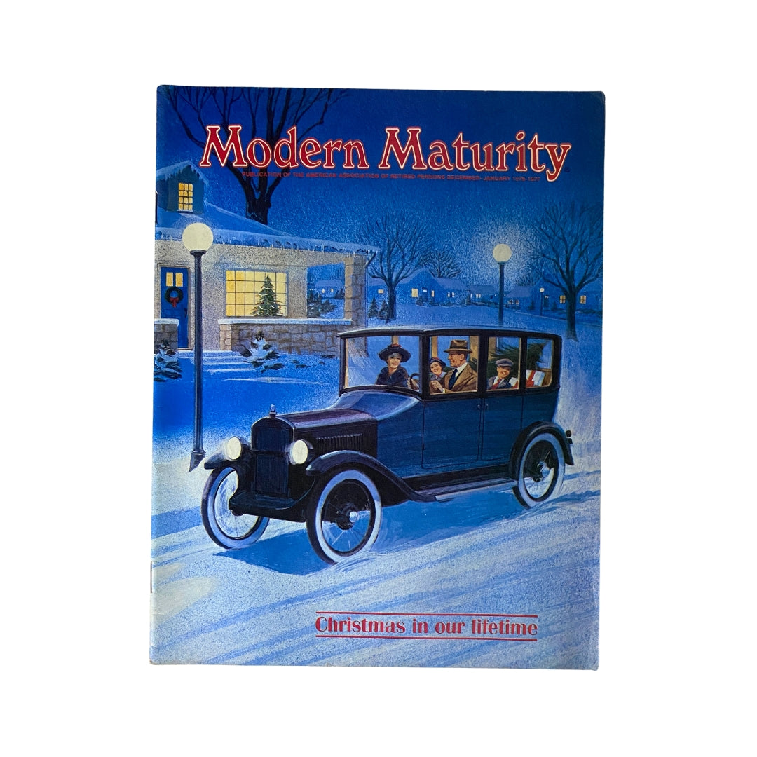 Cover of VTG Modern Maturity Magazine December 1976 titled 'Christmas in Our Lifetime' featuring a festive winter scene with a vintage car and holiday decorations.