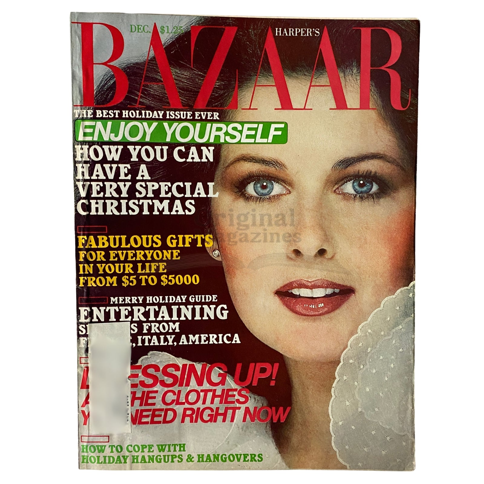 Cover of Harper's Bazaar Magazine December 1977 featuring Cristina Ferrare, showcasing festive holiday themes and fashion trends.