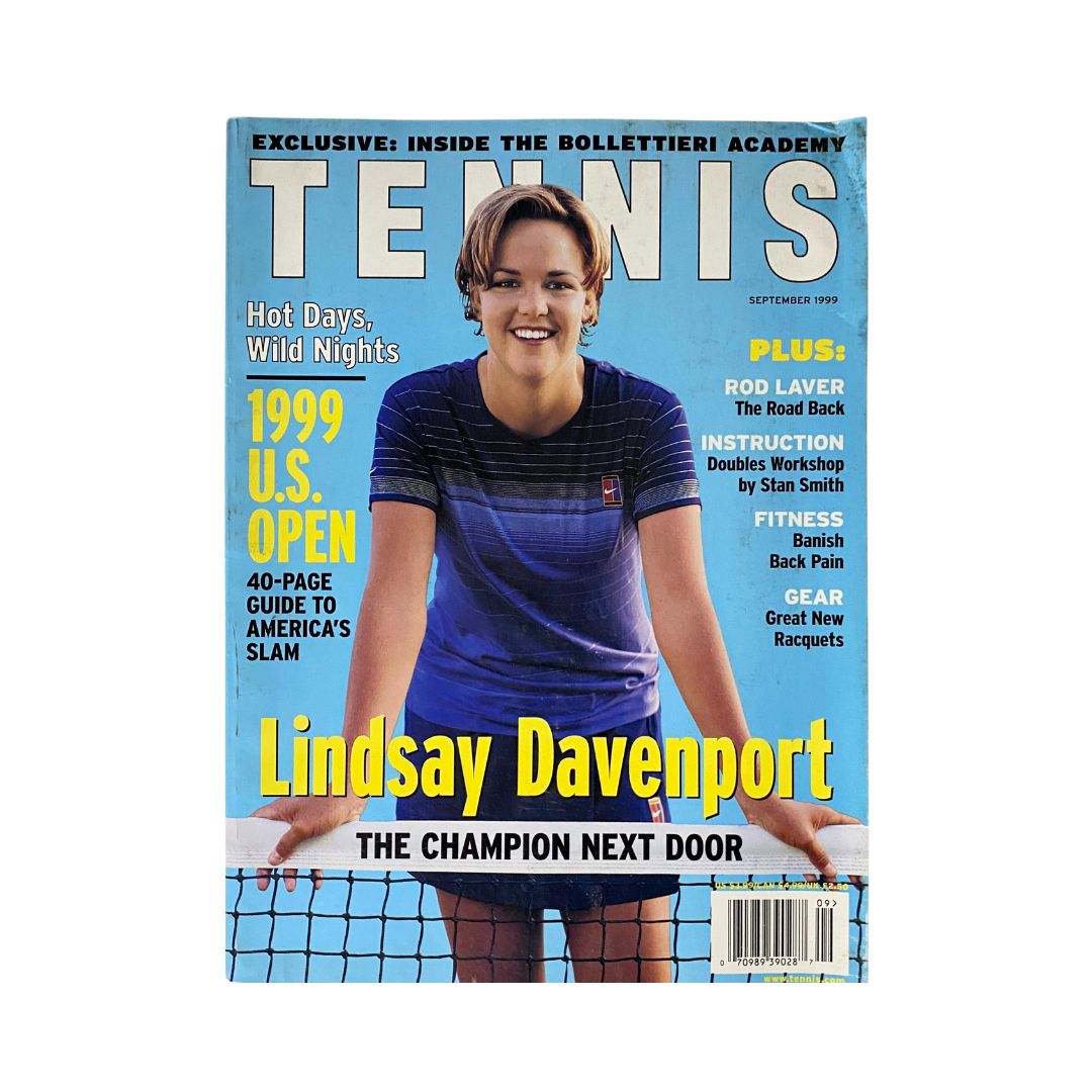 Cover of Tennis Magazine September 1999 featuring Lindsay Davenport with the title 'The Champion Next Door', showcasing vibrant blue background and tennis imagery.