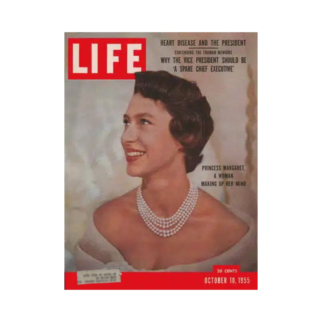 Cover of the vintage Life Magazine from October 10, 1955 featuring Princess Margaret, showcasing a portrait of her with a pearl necklace and a warm smile, highlighting the cultural significance of the royal family during the mid-20th century.