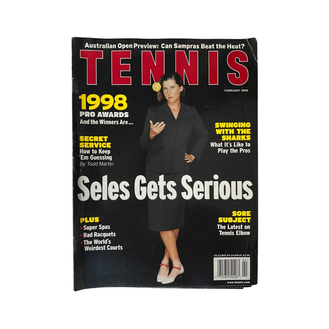 Tennis Magazine February 1999 featuring Monica Seles on the cover, titled 'Seles Gets Serious', with additional text about Australian Open previews and the 1998 Pro Awards.