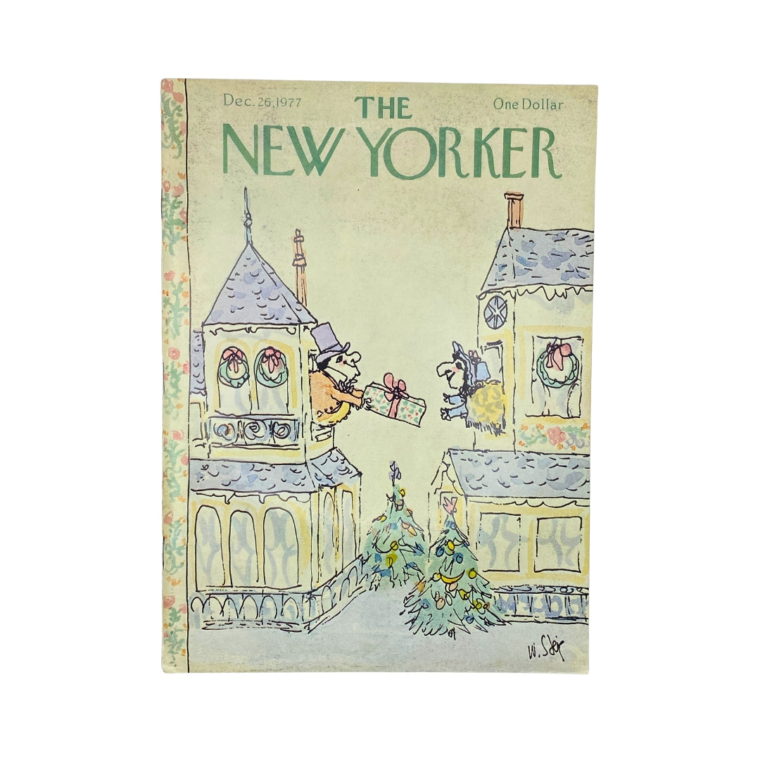 Cover of The New Yorker magazine from December 26, 1977 featuring a whimsical illustration by William Steig, depicting festive characters exchanging gifts among decorated buildings.