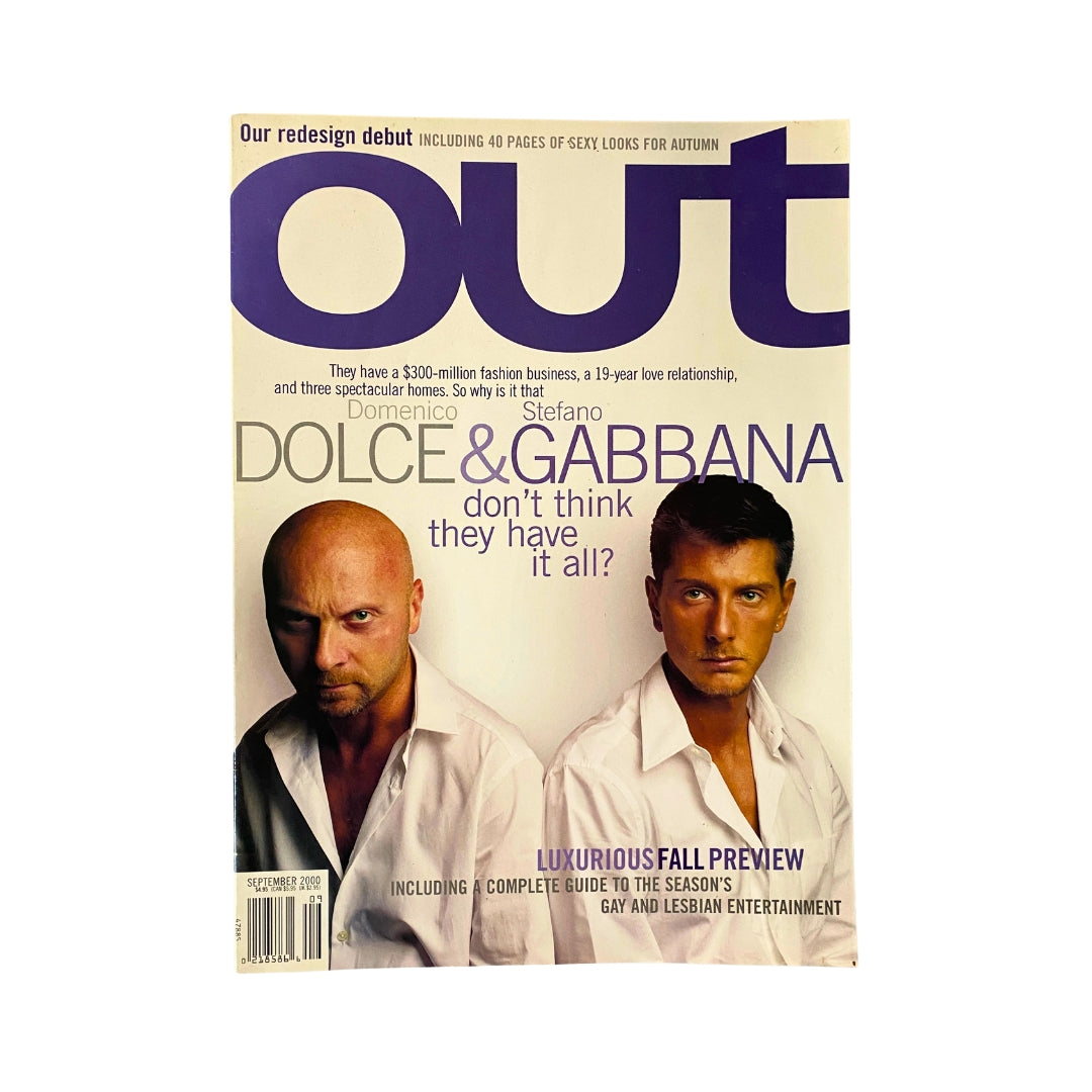 Out Magazine September 2000 cover featuring designers Domenico Dolce and Stefano Gabbana, highlighting their influence in the fashion industry.