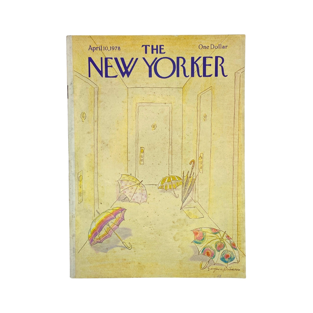 Cover of The New Yorker Complete Magazine from April 10, 1978, featuring an illustration by Eugene Mihaesco depicting colorful umbrellas in an elevator hallway, a vintage collectible magazine.