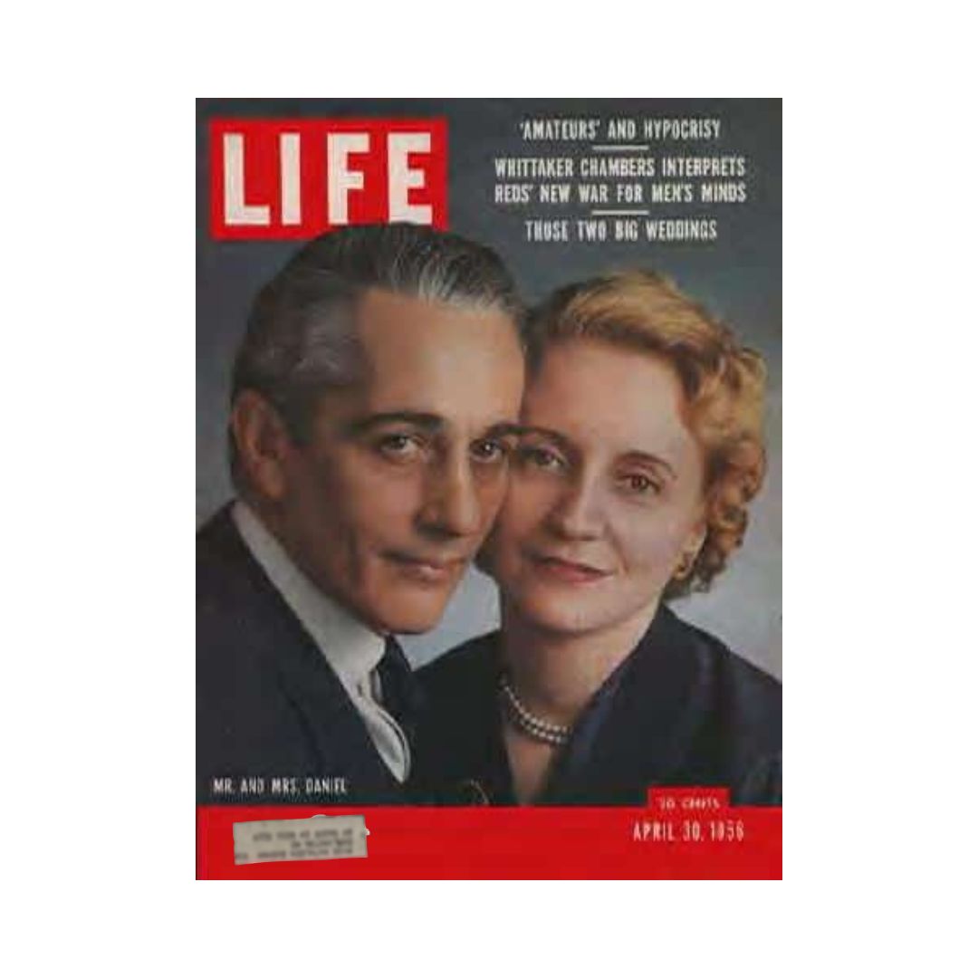Vintage Life Magazine cover from April 30, 1956, featuring Mr. and Mrs. Daniel. The cover highlights cultural events and societal themes of the 1950s.