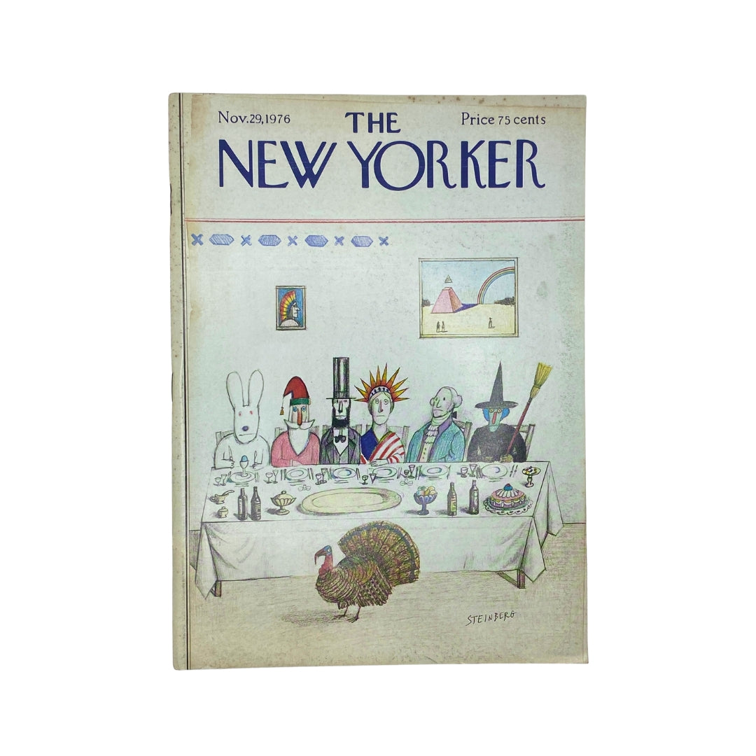 The New Yorker Complete Magazine from November 29, 1976 featuring a distinctive cover illustration by Saul Steinberg, showcasing a whimsical dinner scene with various characters at a banquet table.