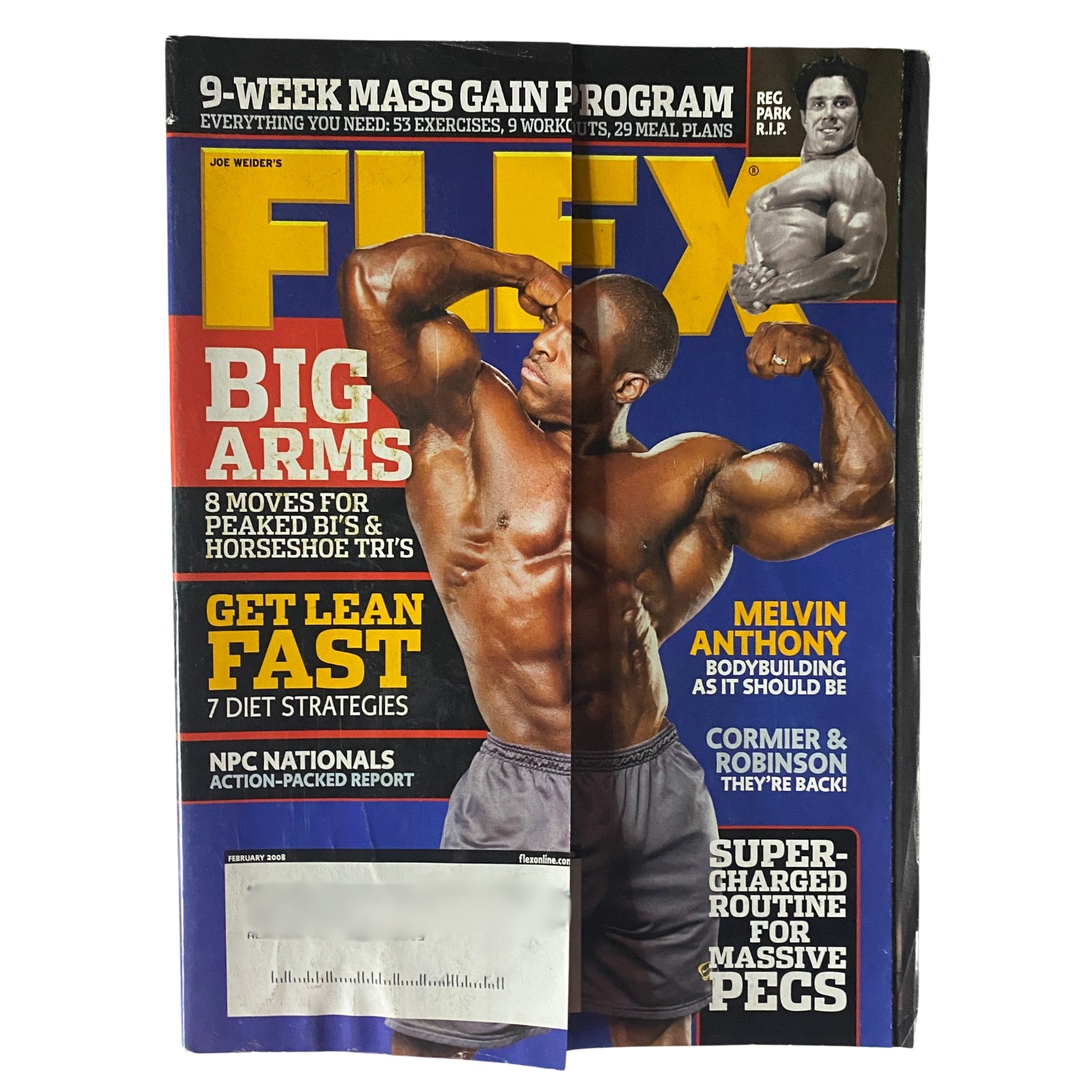 Flex Magazine February 2008 Vol 25, Num 12 Melvin Anthony, Reg Park Cover