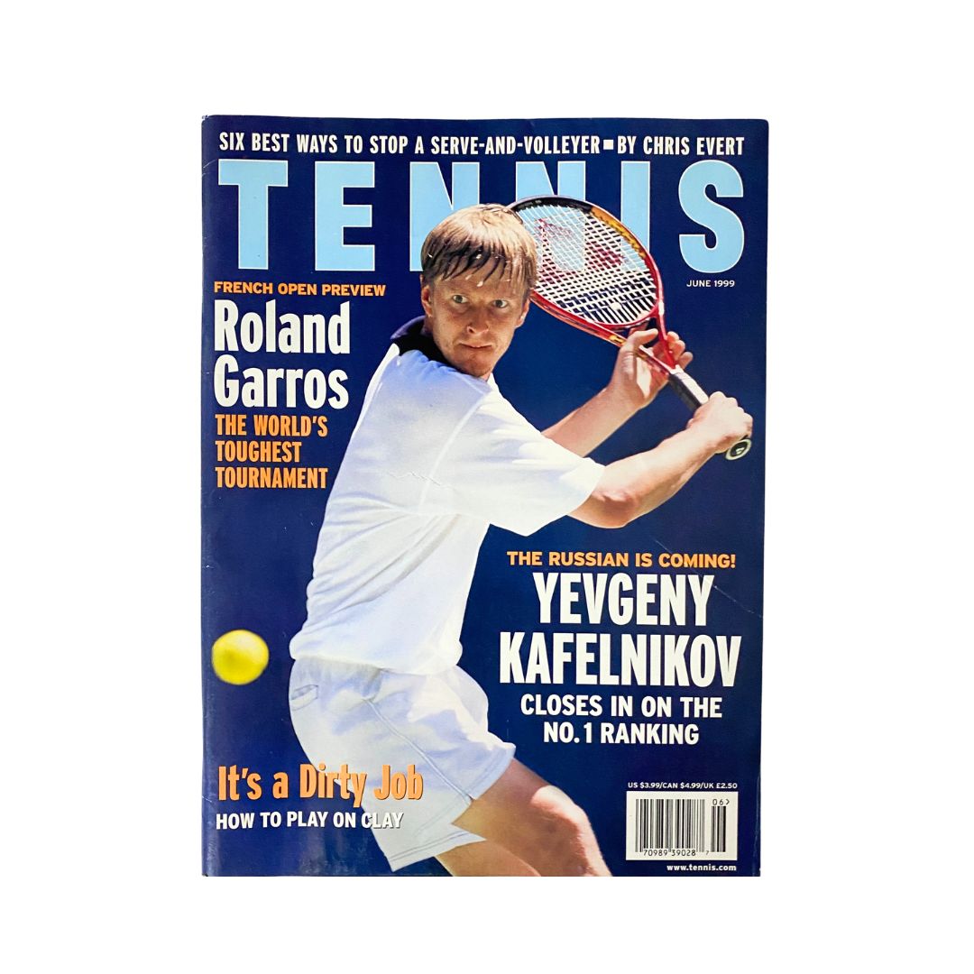 Tennis Magazine June 1999 cover featuring Yevgeny Kafelnikov, showcasing the headline about his rise in the tennis rankings.