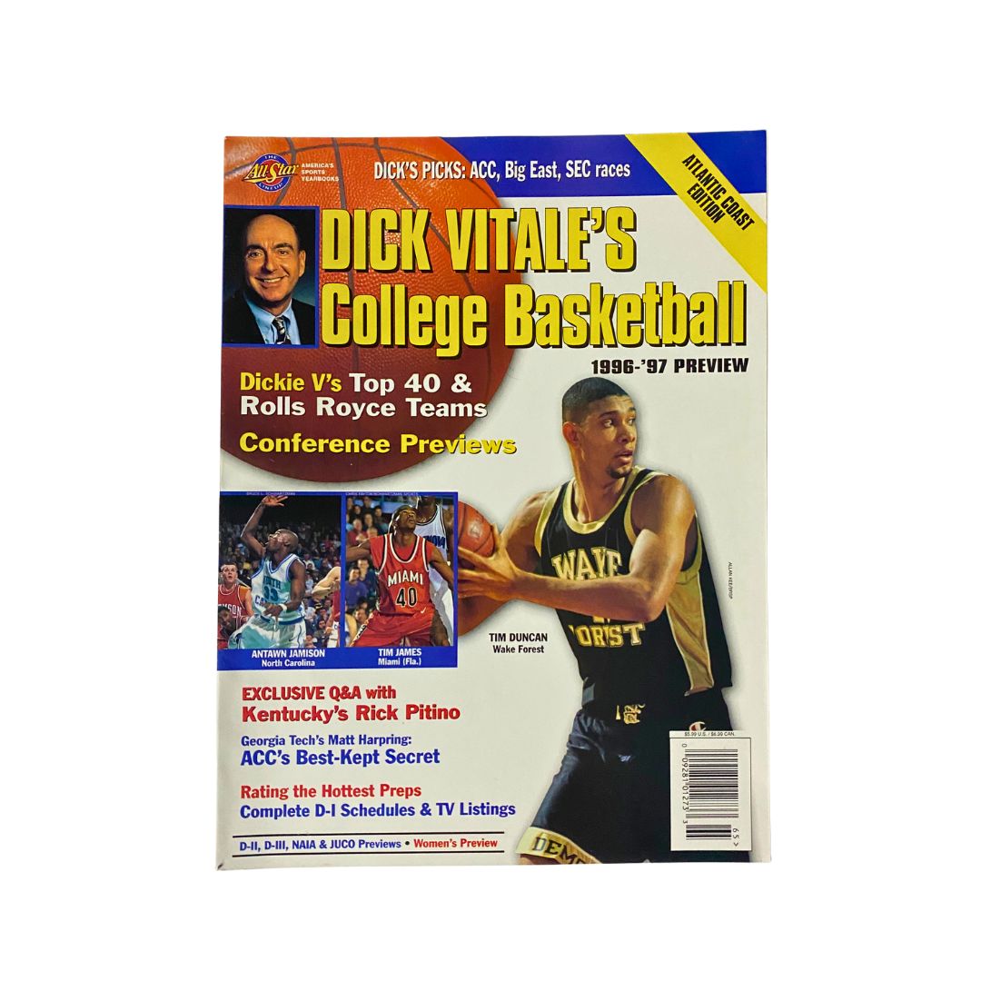 Dick Vitale's College Basketball 1996-1997 Preview magazine cover featuring Tim Duncan of Wake Forest, highlighting Dickie V's Top 40 teams and conference previews.