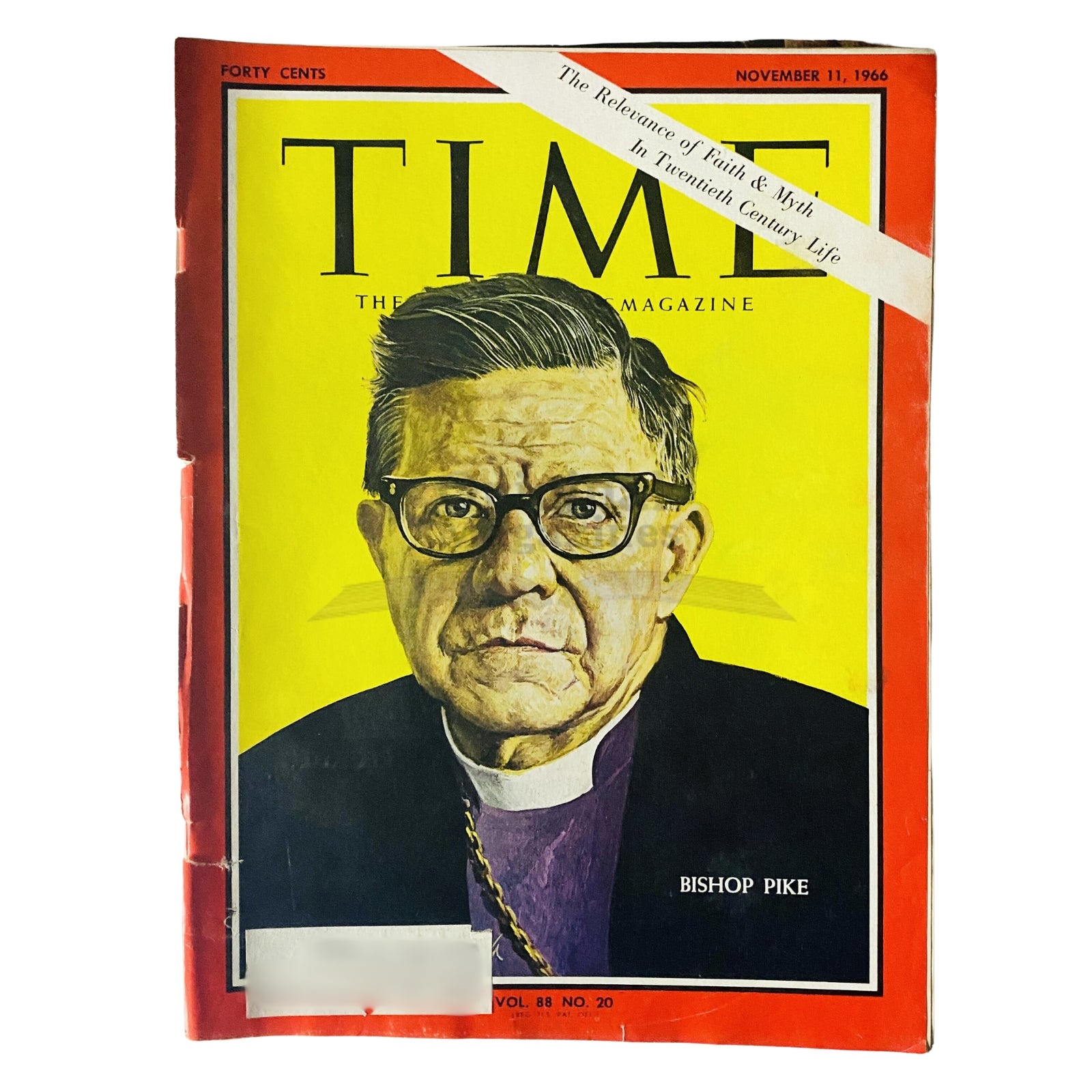 Cover of Time Magazine November 11 1966, Vol 88 No. 20 featuring a portrait of Bishop James Pike, highlighting the themes of faith and societal change in the 1960s.