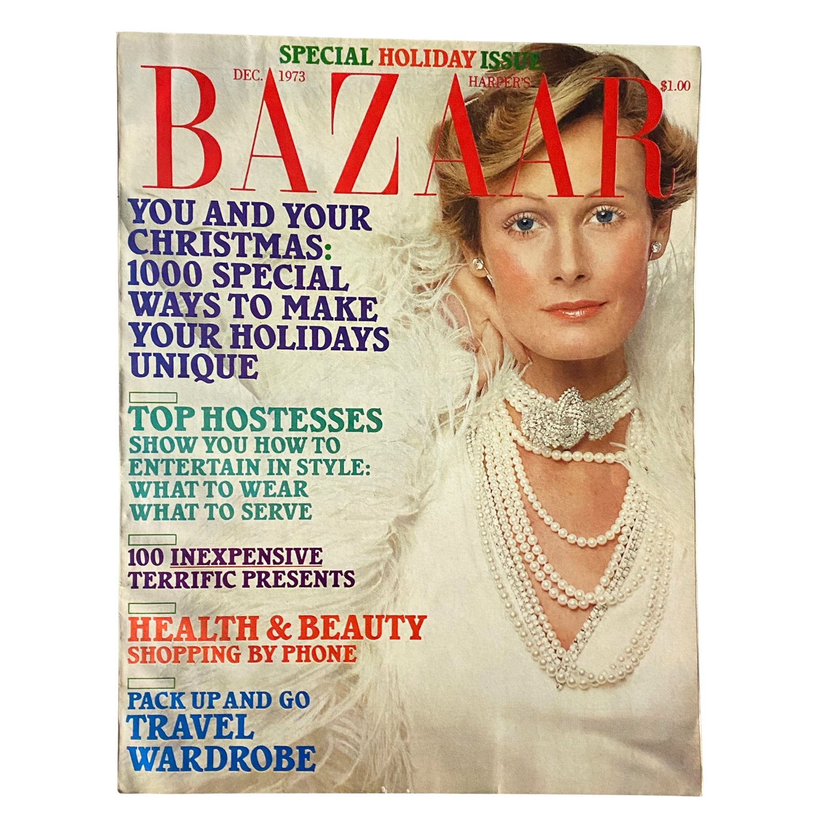 Cover of Harper's Bazaar Magazine December 1973 featuring a model styled in festive attire, showcasing the headline "You and Your Christmas: 1000 Special Ways to Make Your Holidays Unique".