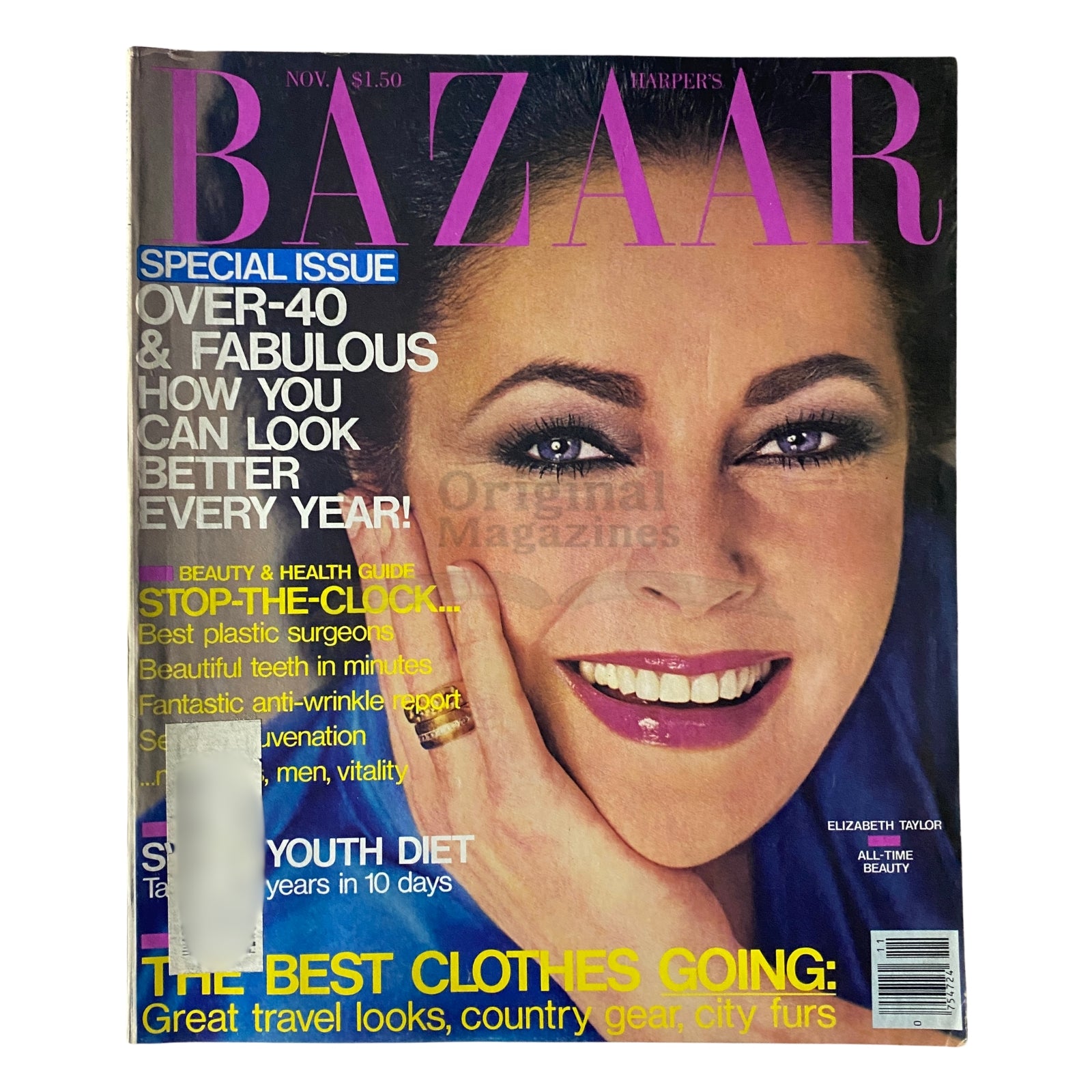 Harper's Bazaar Magazine November 1979 featuring Elizabeth Taylor on the cover. This vintage magazine showcases late 1970s fashion, beauty, and health tips.