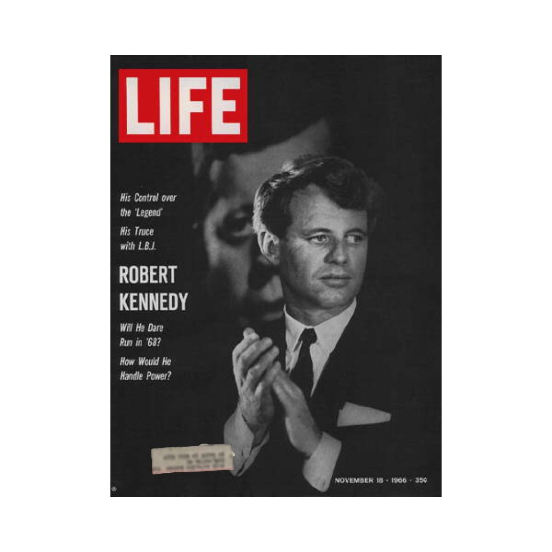 Cover of VTG Life Magazine from November 18, 1966 featuring Robert F. Kennedy, highlighting his potential presidential run and political influence during the 1960s.
