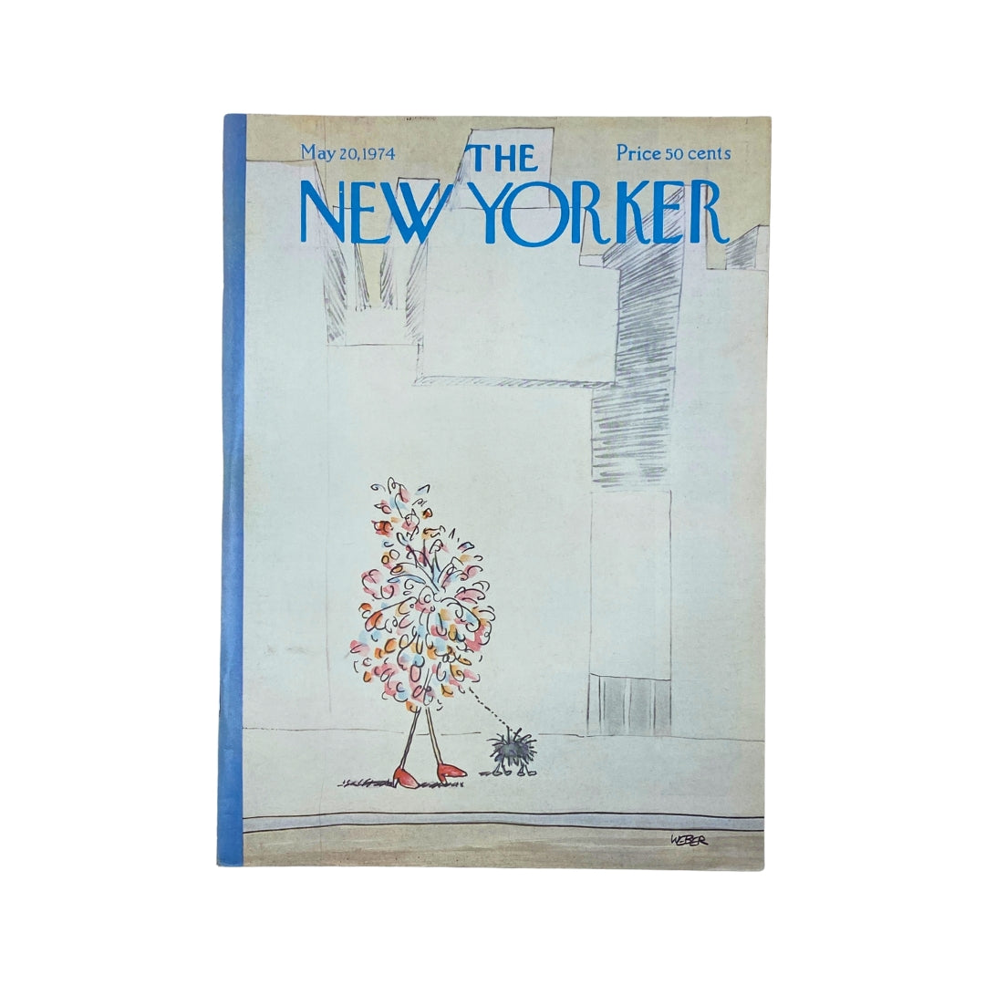 Cover of The New Yorker magazine dated May 20, 1974, featuring a whimsical illustration by Chris Weber, depicting colorful flowers alongside a small animal, in very good condition.
