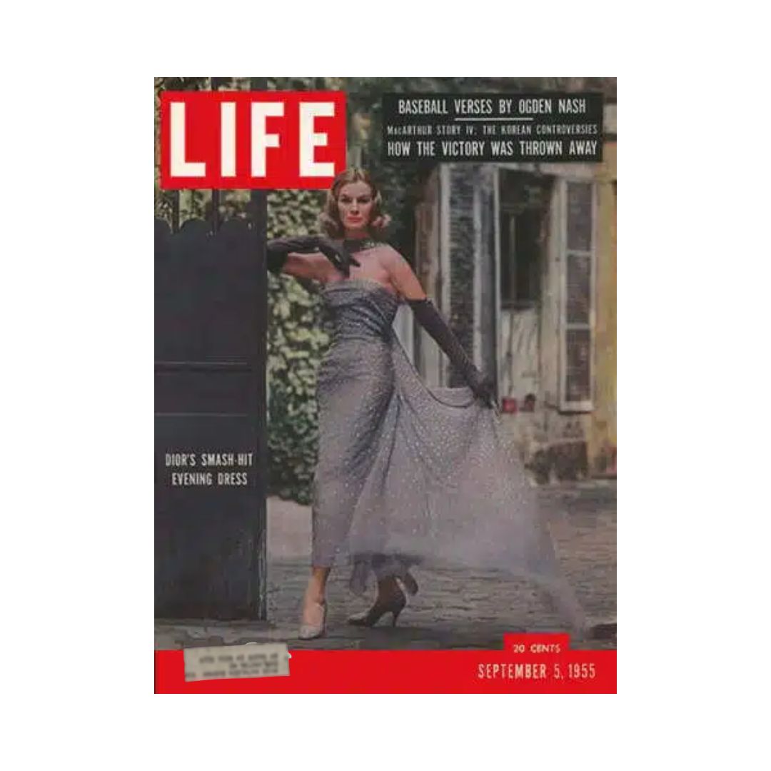 Cover of the vintage Life magazine from September 5, 1955, featuring Dior's smash-hit evening dress, showcasing mid-20th century Paris fashion.
