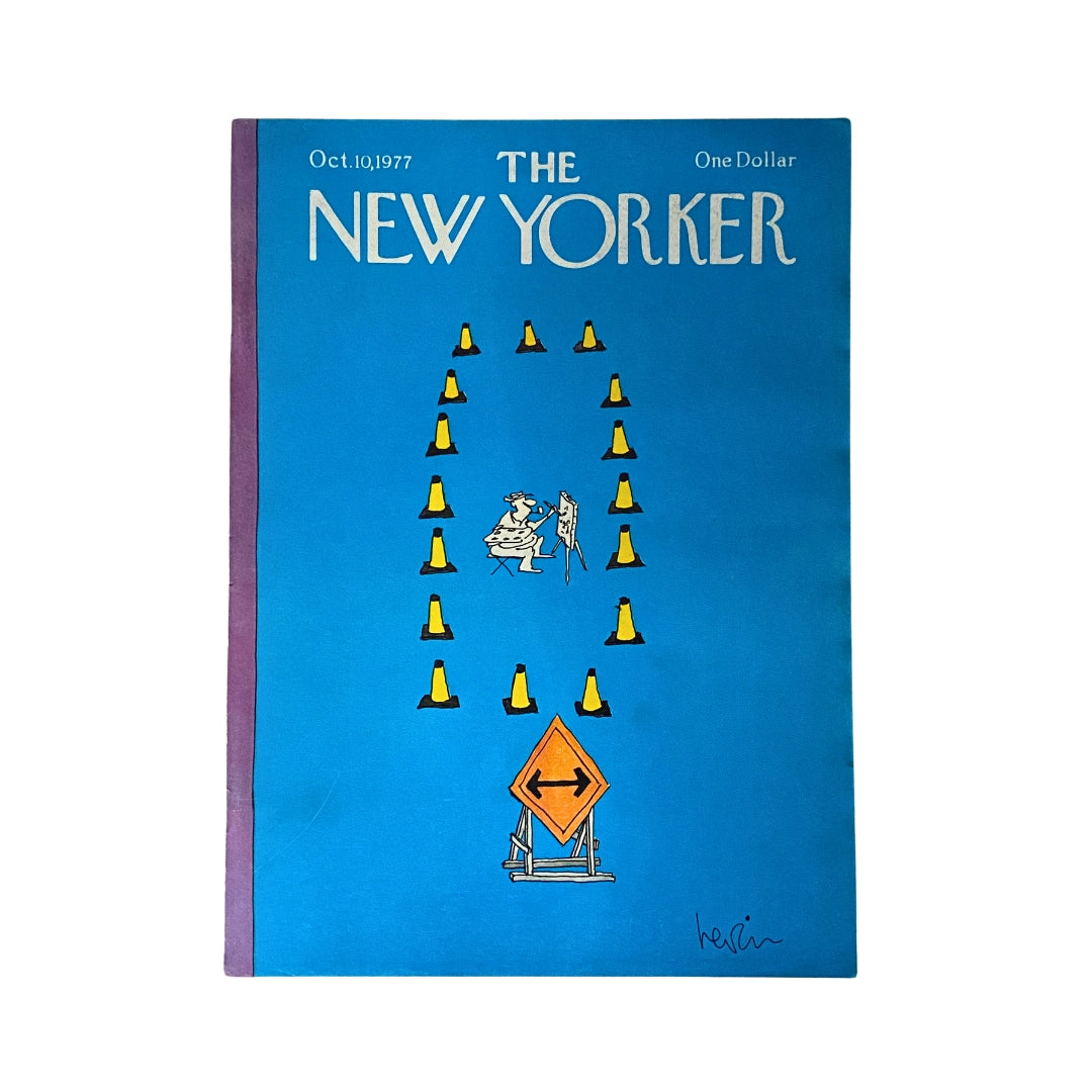 Cover of The New Yorker Complete Magazine October 10, 1977, featuring an illustration by Arnie Levin, showcasing a blue background with cartoon characters among traffic cones.