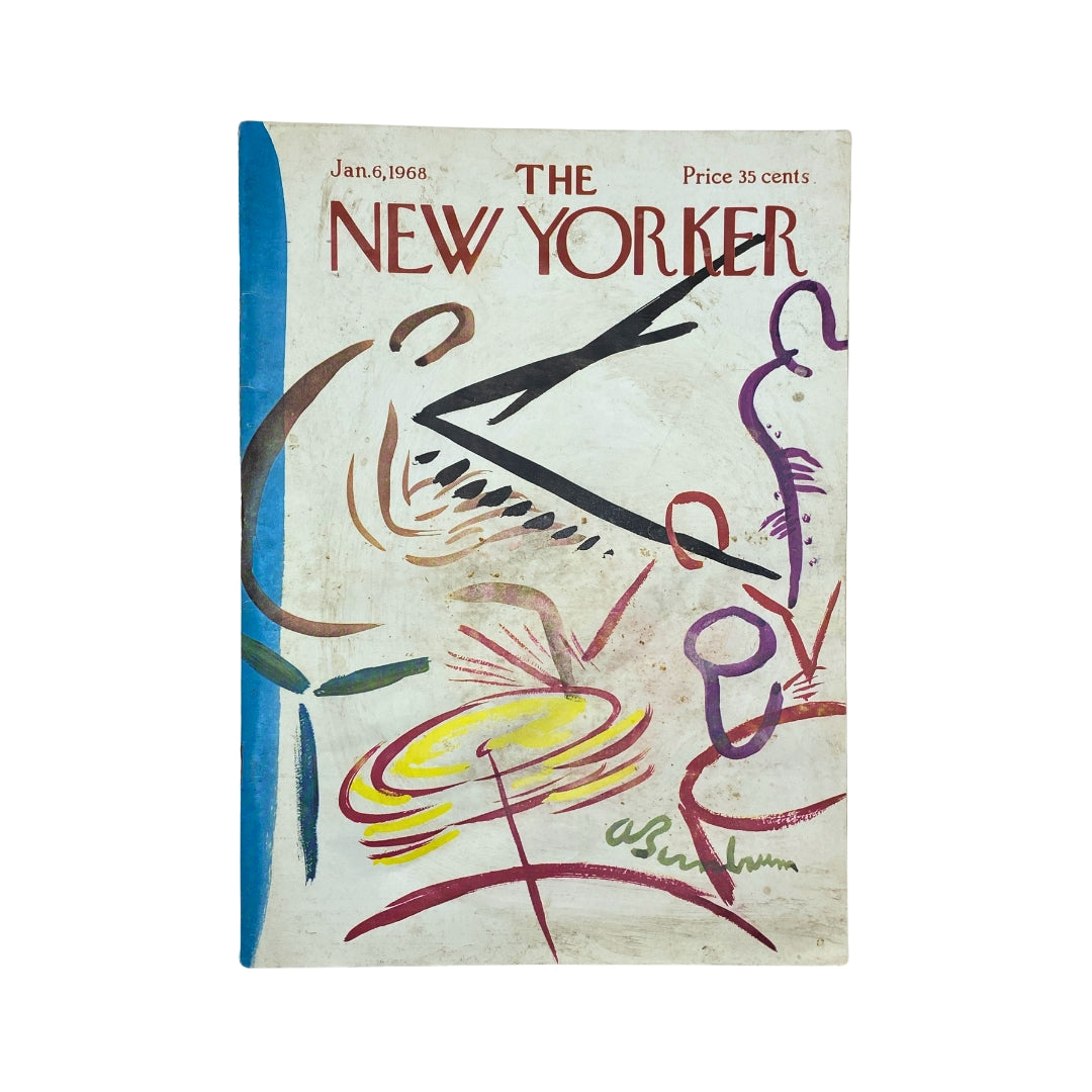 The New Yorker Complete Magazine January 6, 1968 featuring an Abe Birnbaum cover art design, showcasing vibrant, abstract illustrations and bold typography. A vintage magazine in fair condition with some wear.
