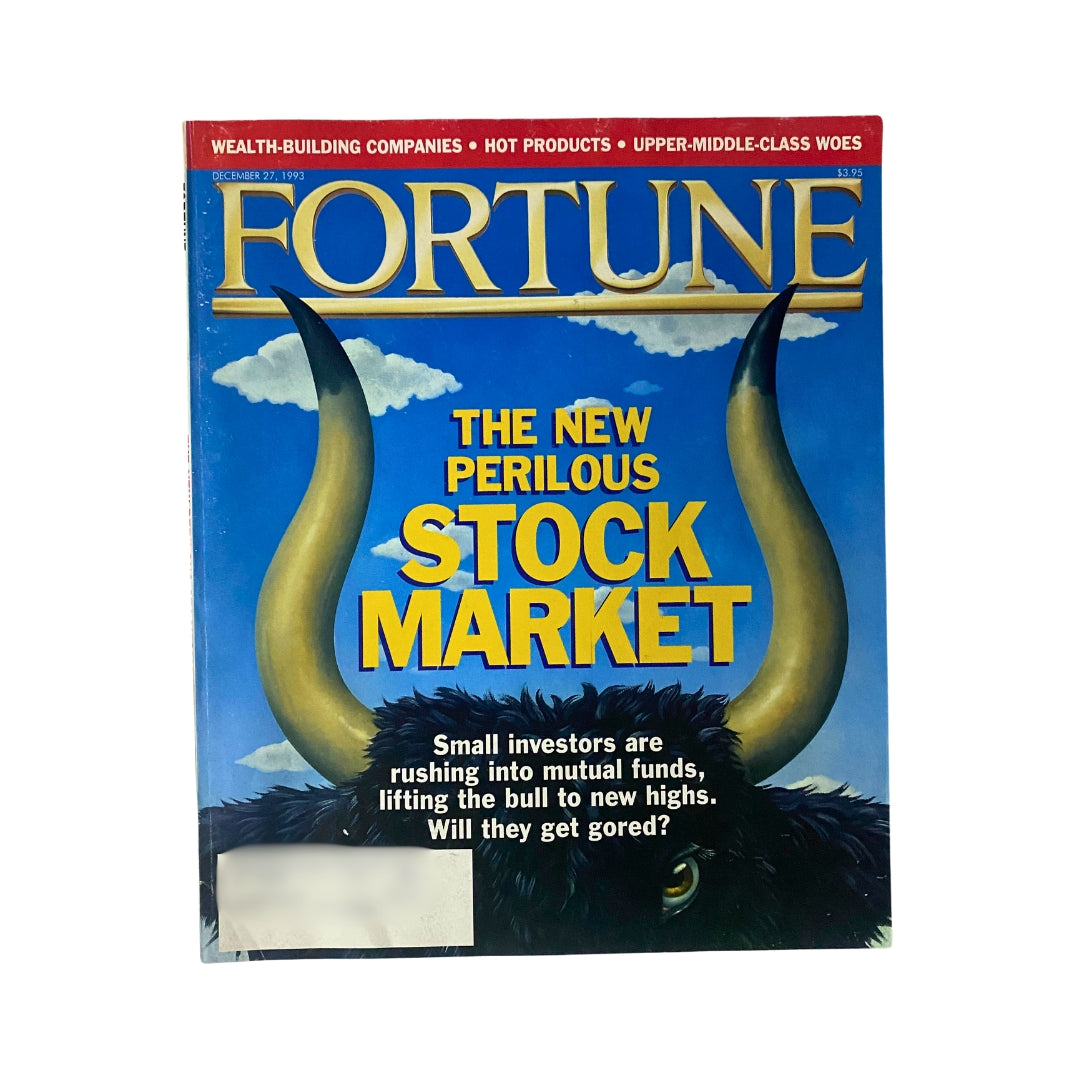 Fortune Magazine cover from December 27, 1993, featuring the headline "THE NEW PERILOUS STOCK MARKET" with a bull's horns prominently displayed. The cover discusses small investors rushing into mutual funds.