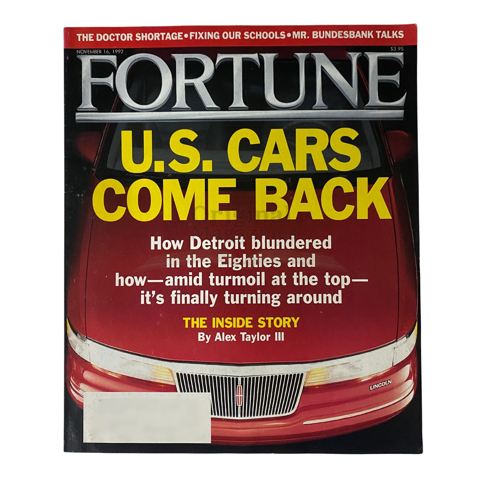 Fortune Magazine cover from November 16, 1992, featuring the headline 'U.S. Cars Come Back' with an article by Alex Taylor III discussing the resurgence of American automotive manufacturers.