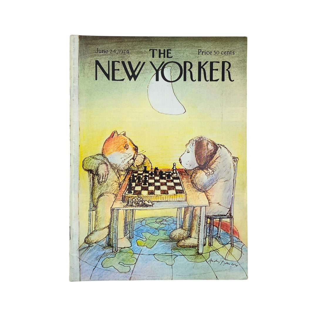 The New Yorker magazine cover from June 24, 1974 featuring a whimsical illustration of a cat and a dog playing chess, created by Andrei Francois.
