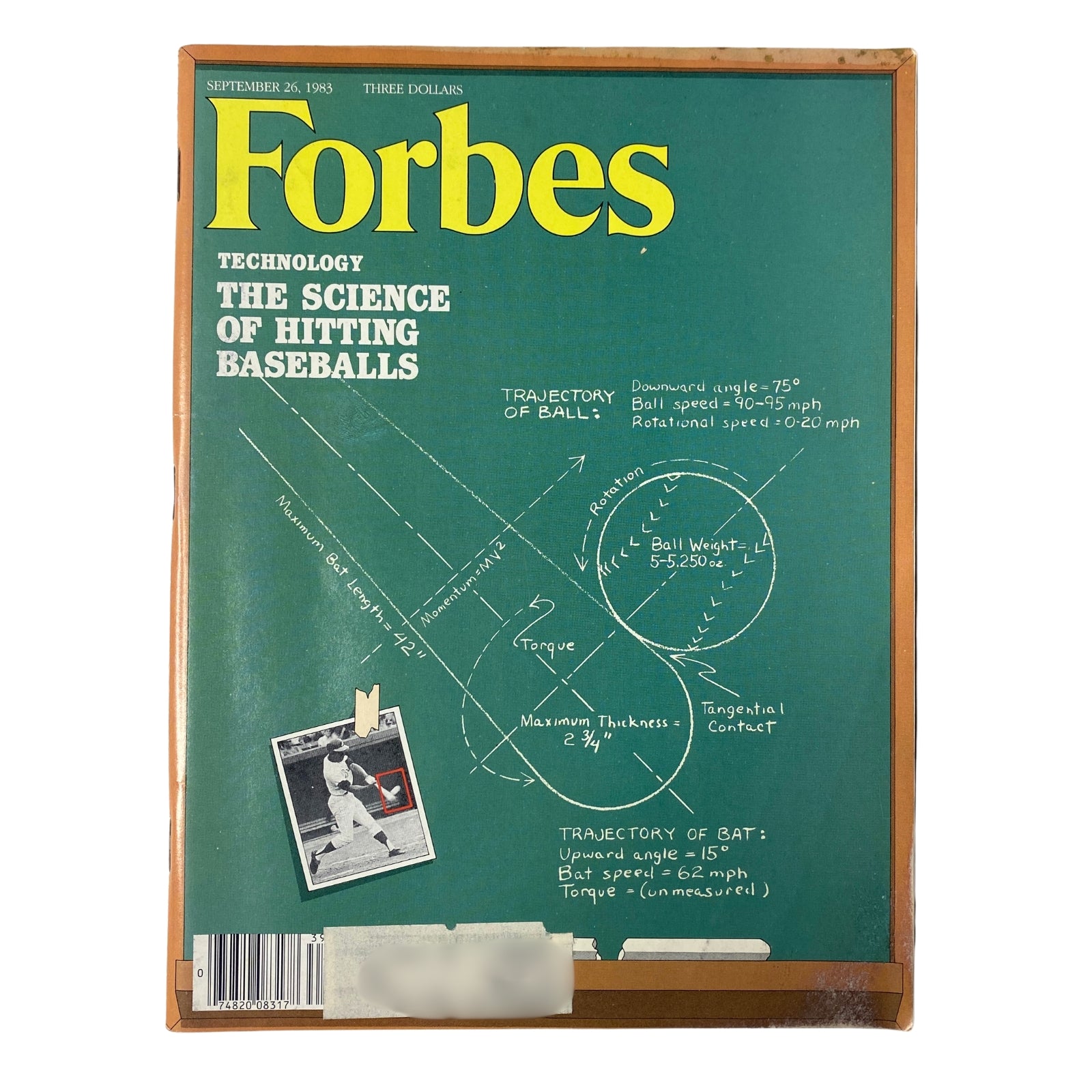 Cover of Forbes Magazine dated September 26, 1983, featuring the title 'The Science of Hitting Baseballs'. The cover includes diagrams illustrating the trajectory of baseball and bat, showcasing details on angles, speeds, and physics behind hitting. This vintage magazine is a collectible item for sports and economics enthusiasts.