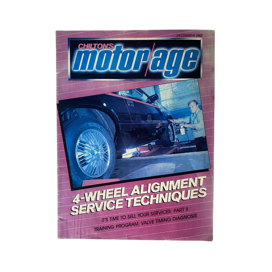 Cover of VTG Chilton's Motor/Age Magazine December 1983 featuring 4-Wheel Alignment Service Techniques, showcasing a car's wheel alignment process.