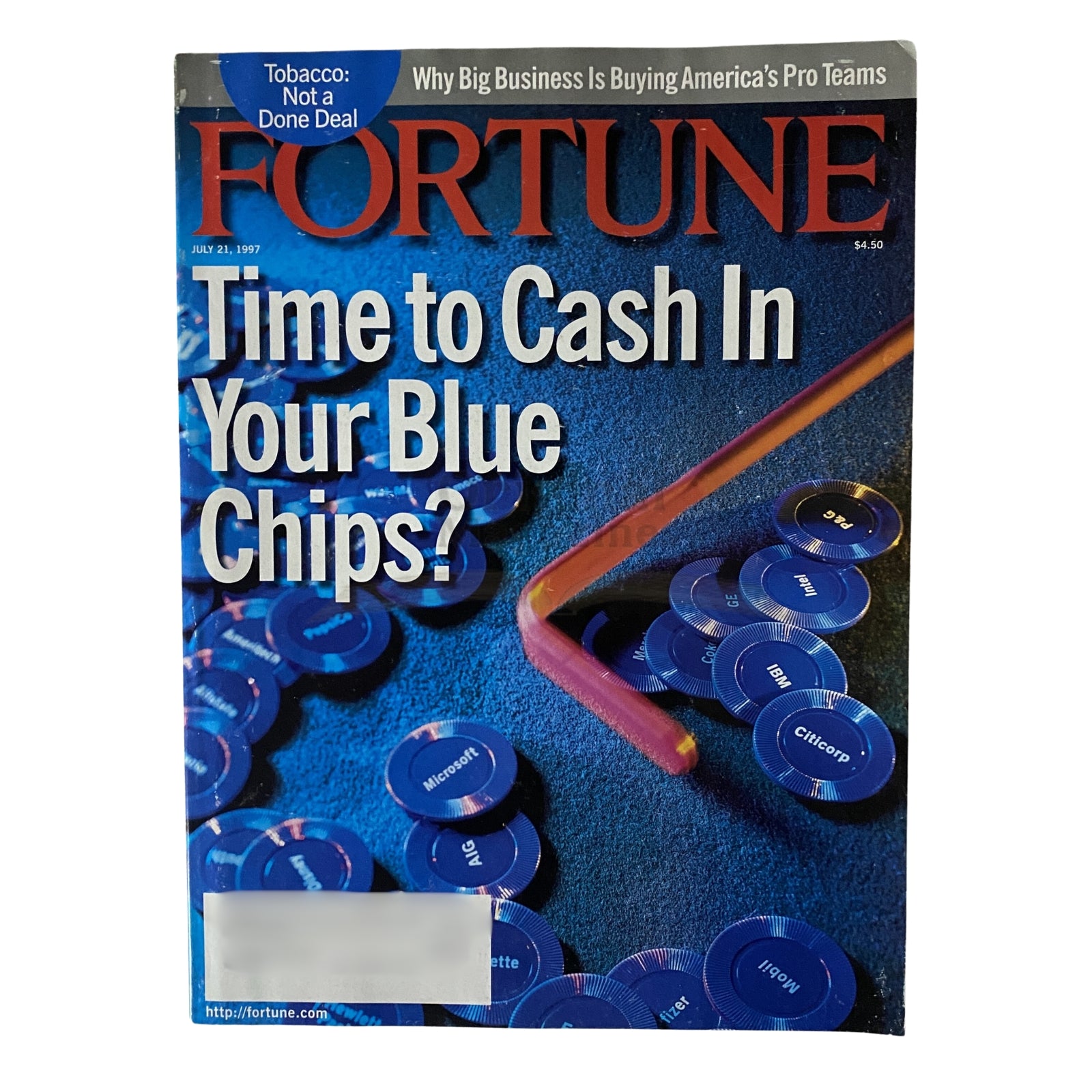 Cover of Fortune Magazine July 21, 1997, titled 'Time to Cash In Your Blue Chips?' featuring blue poker chips and highlighting topics on corporate sports economics.
