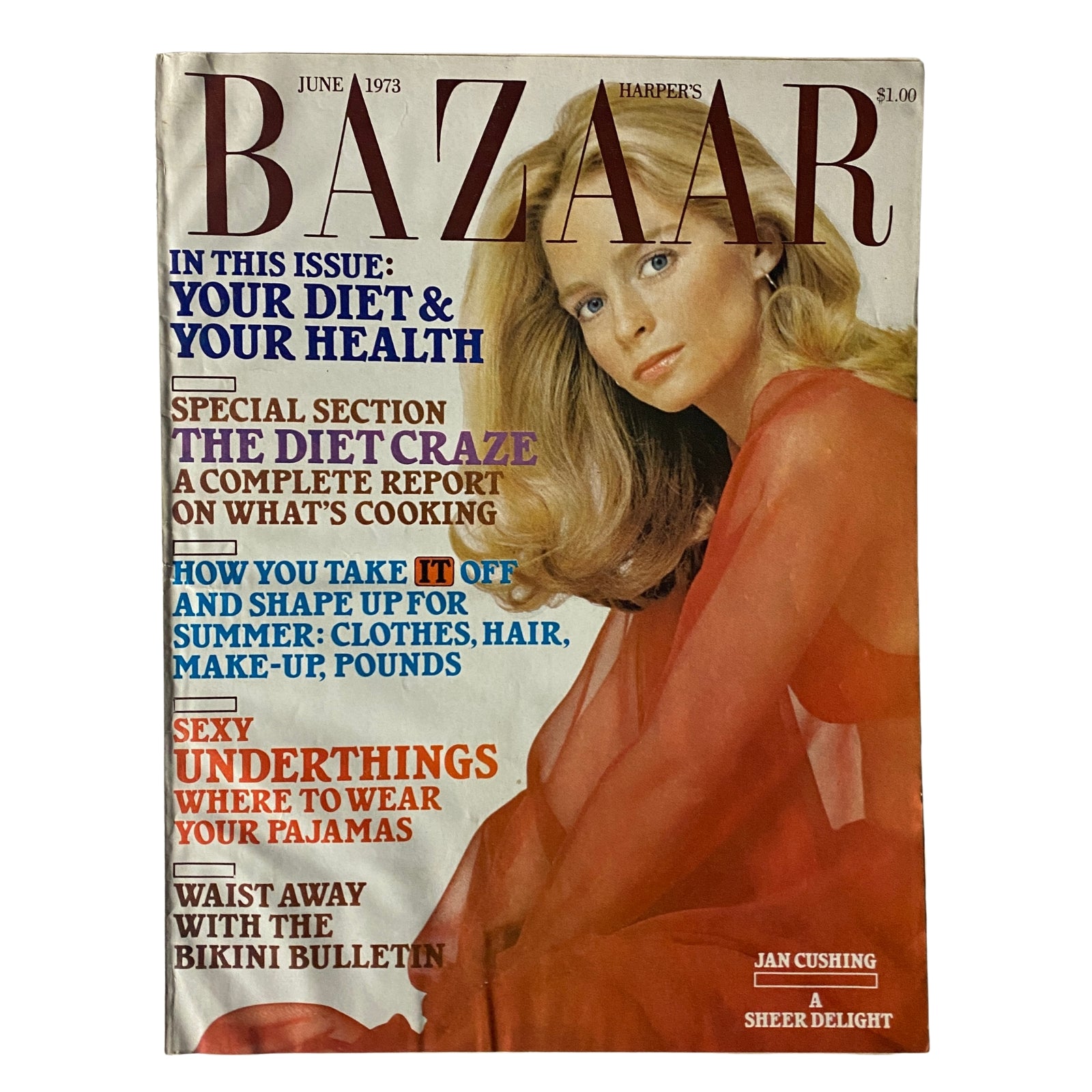 Cover of Harper's Bazaar Magazine June 1973 featuring Jan Cushing's design, showcasing 1970s fashion trends and health advice.