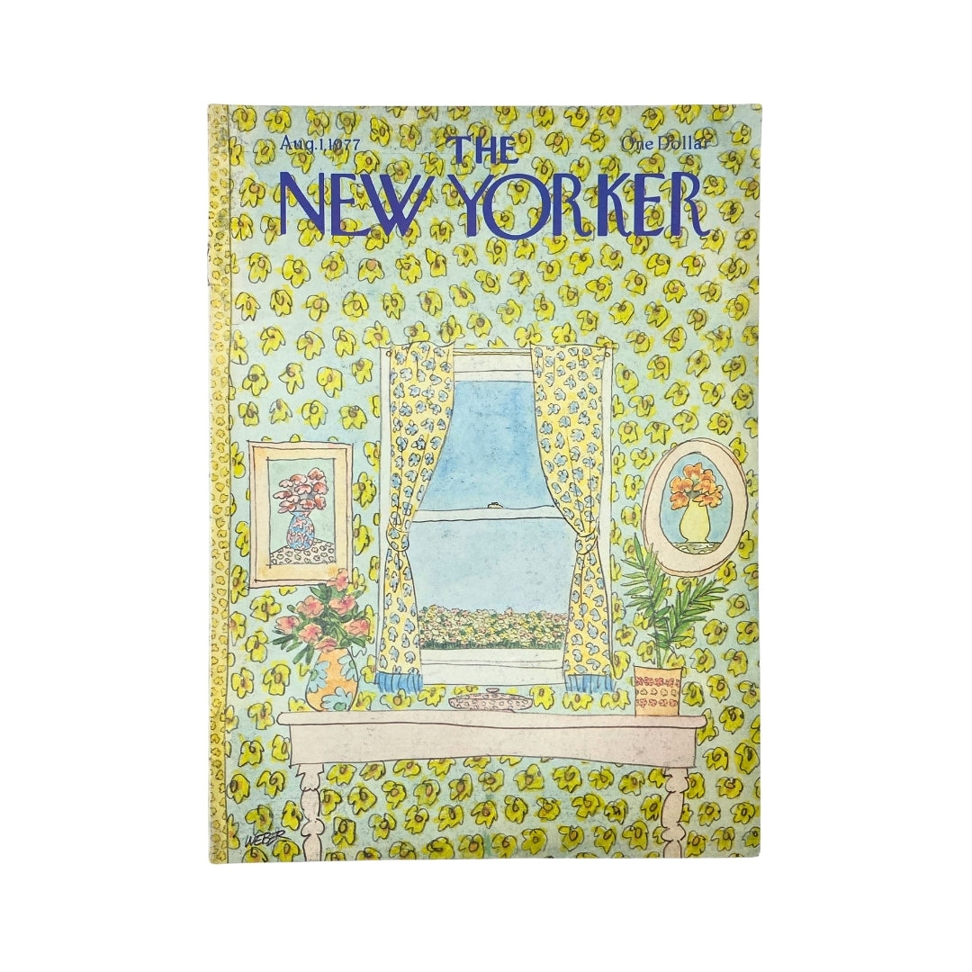 The New Yorker Complete Magazine August 1, 1977 Chris Weber Cover showcasing a colorful floral wallpaper design and a window view, ideal for collectors and enthusiasts.