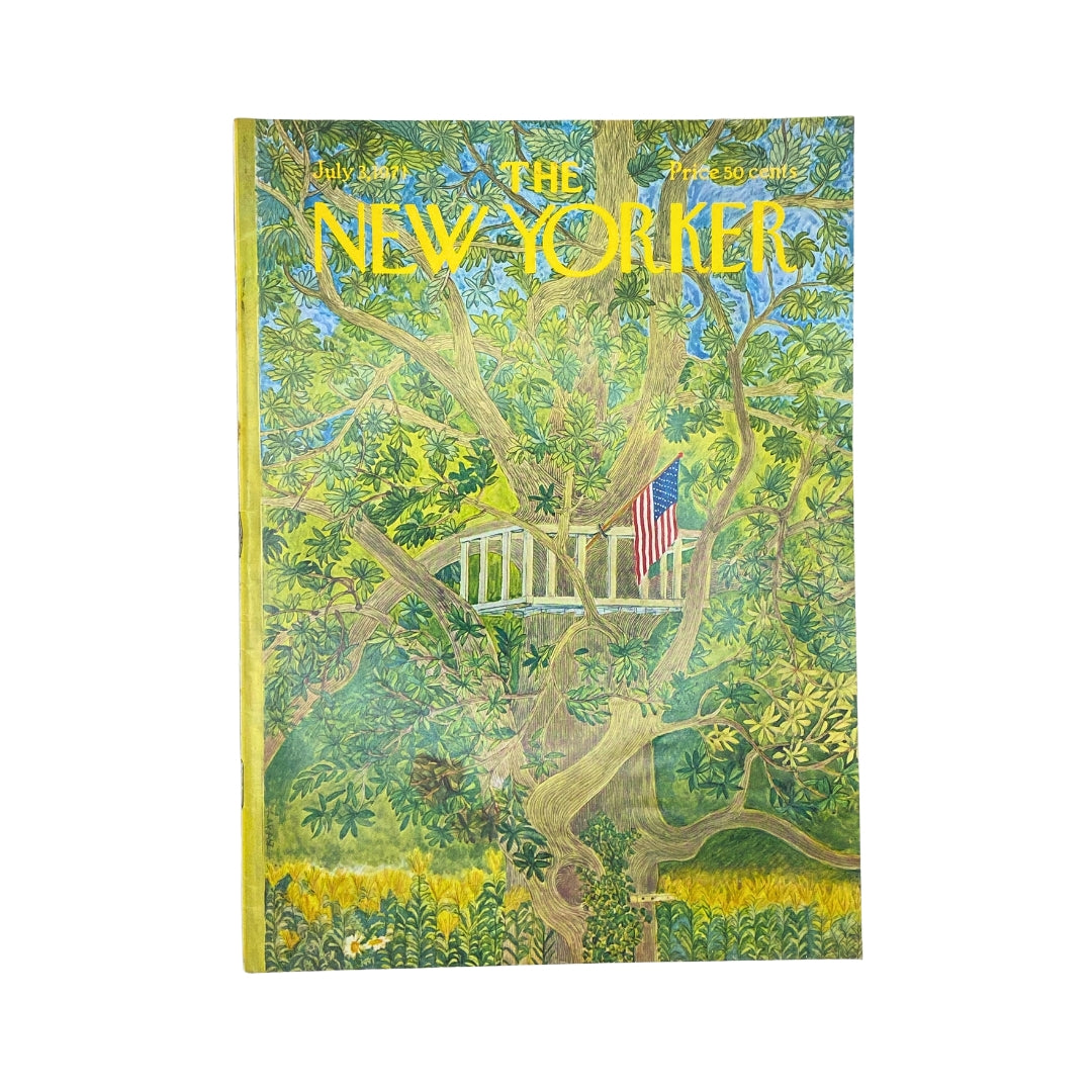 Cover of The New Yorker Complete Magazine July 3, 1971 featuring vibrant artwork by Ilonka Karasz, showcasing trees and an American flag.