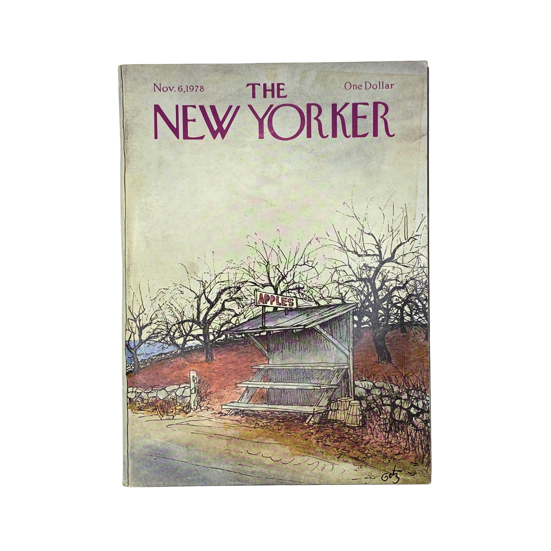 The New Yorker Complete Magazine from November 6, 1978 featuring an iconic Arthur Getz cover depicting a quaint apple stand surrounded by leafless trees, reflecting the autumn season.