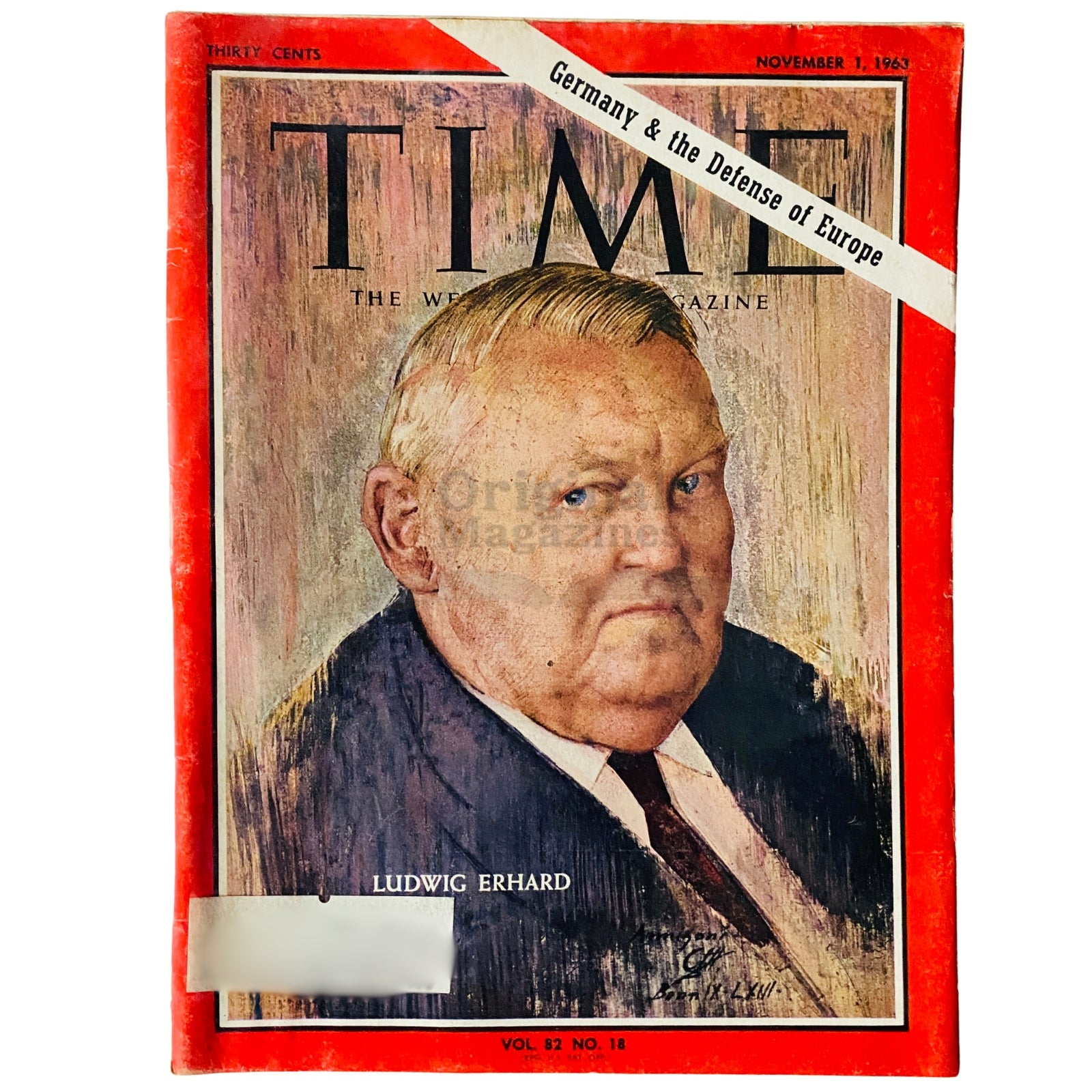 Time Magazine, November 1, 1963, Vol 82 No. 18 featuring a cover portrait of Ludwig Erhard, showcasing his significant role in post-World War II West Germany's economic recovery.