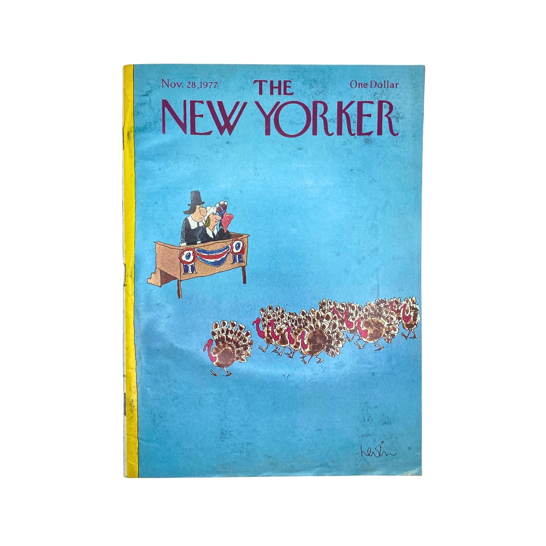 The New Yorker Complete Magazine from November 28, 1977, featuring an Arnie Levin cover with a whimsical illustration of a turkey procession and a character at a podium.