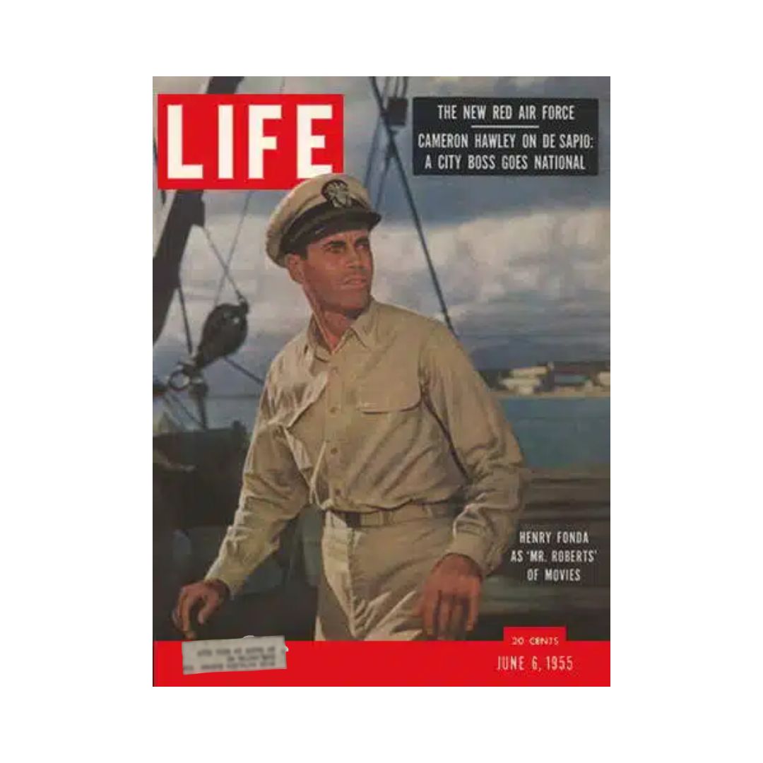 Life Magazine cover from June 6, 1955 featuring Henry Fonda as Mister Roberts, highlighting classic American cinema with a striking visual representation of mid-20th century culture.