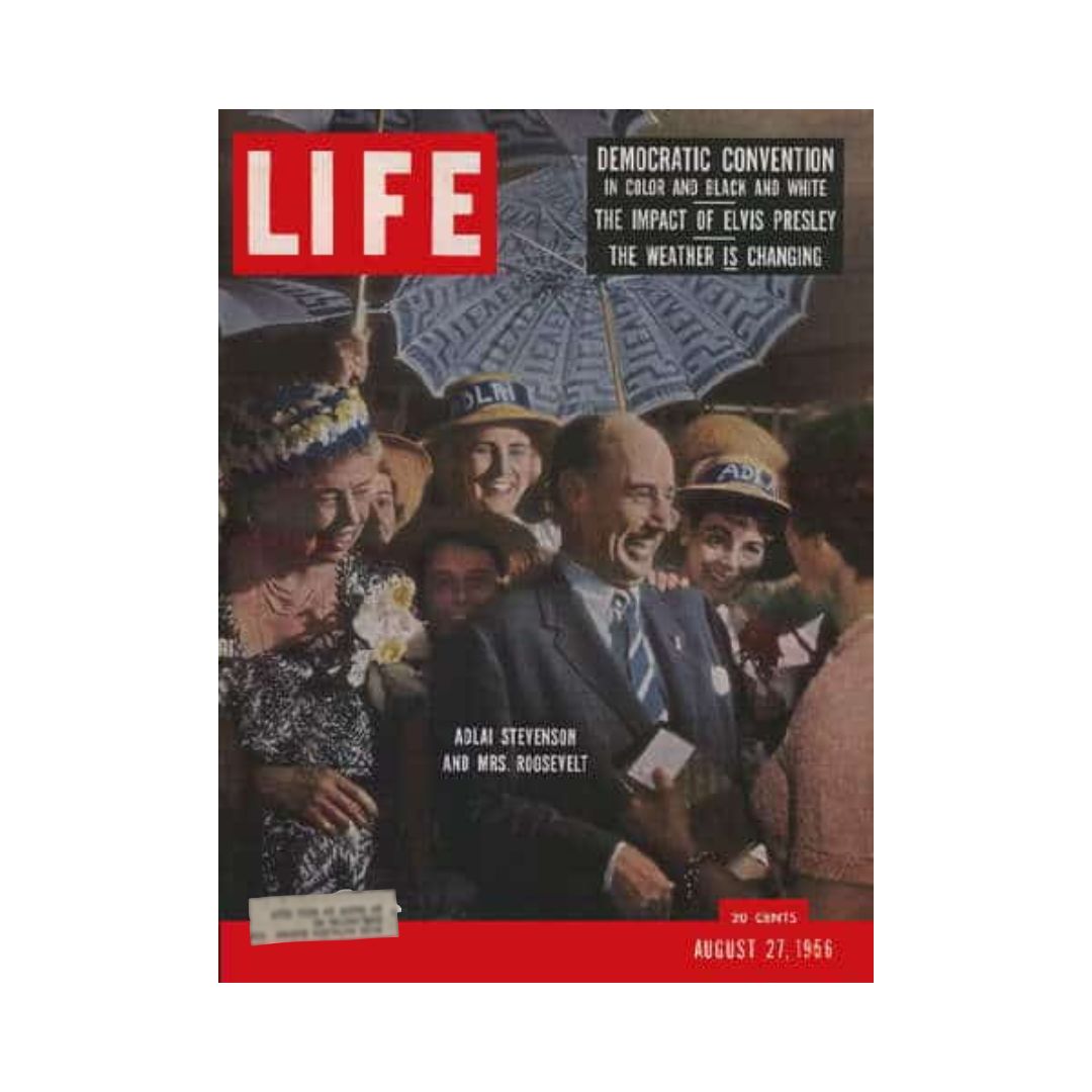 Cover of vintage Life Magazine from August 27, 1956, featuring Adlai Stevenson and Eleanor Roosevelt at the Democratic Convention, highlighting political themes and pop culture including Elvis Presley.