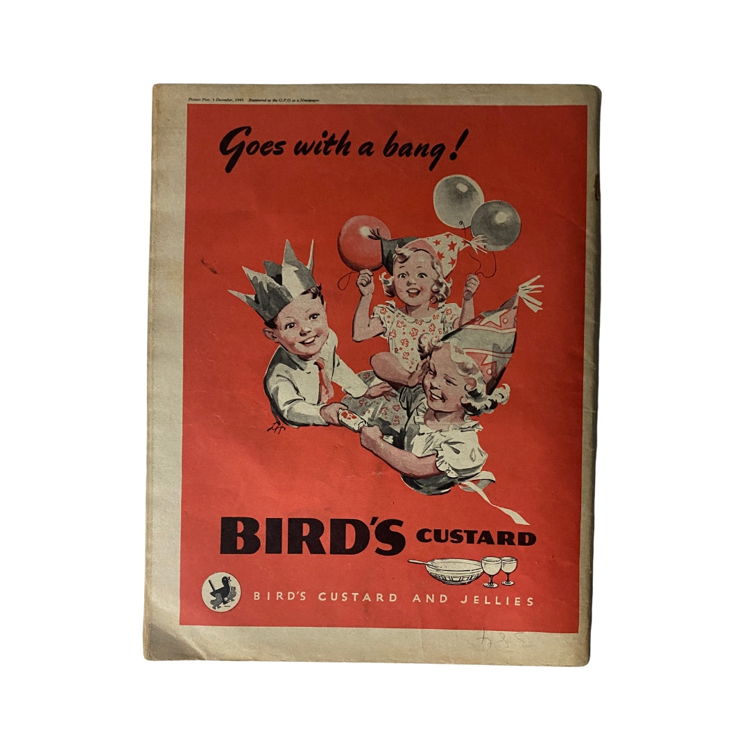 Back cover of Vintage Picture Post Magazine December 3, 1949 advertising Bird's Custard, featuring children celebrating, emphasizing the magazine's vintage charm and cultural relevance.