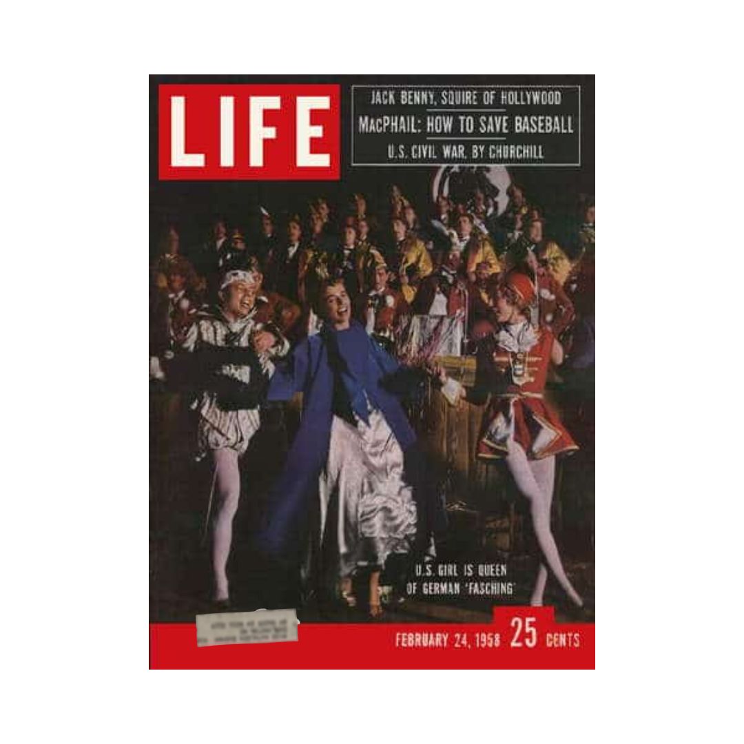 VTG Life Magazine cover from February 24, 1958 featuring the headline 'U.S. Girl is Queen of German Fasching', showcasing a festive scene with performers in colorful costumes.